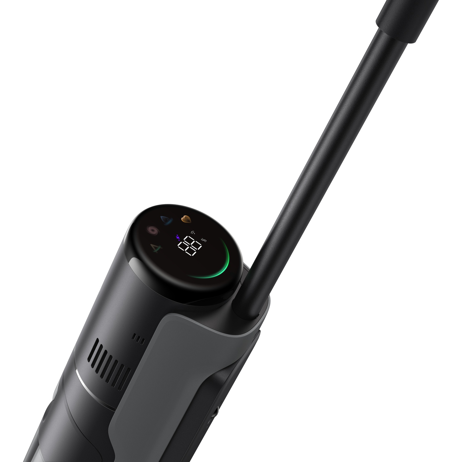 Black vacuum cleaner handle with digital display and tube.