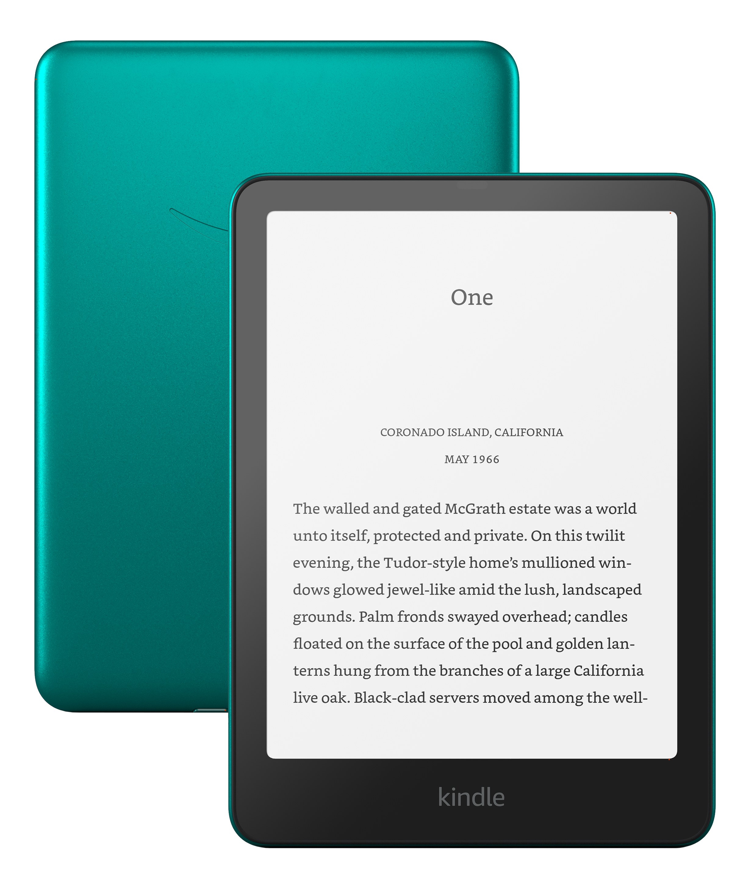 Un e-reader color turchese è posizionato davanti a un dispositivo identico leggermente sfalsato.