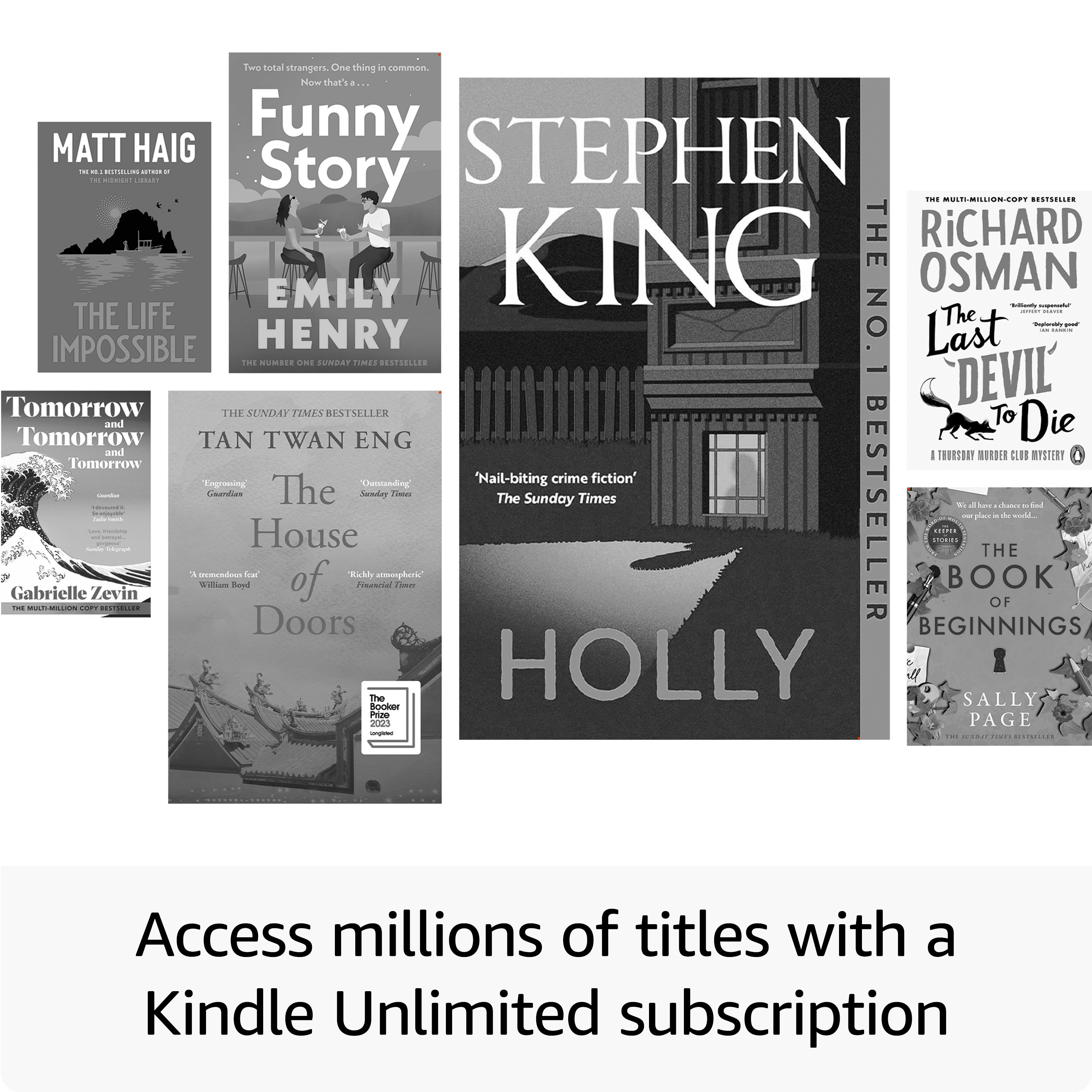 Collage di copertine di libri: Matt Haig, Emily Henry, Stephen King, Richard Osman, Tan Twan Eng, Gabrielle Zevin, Sally Page.
