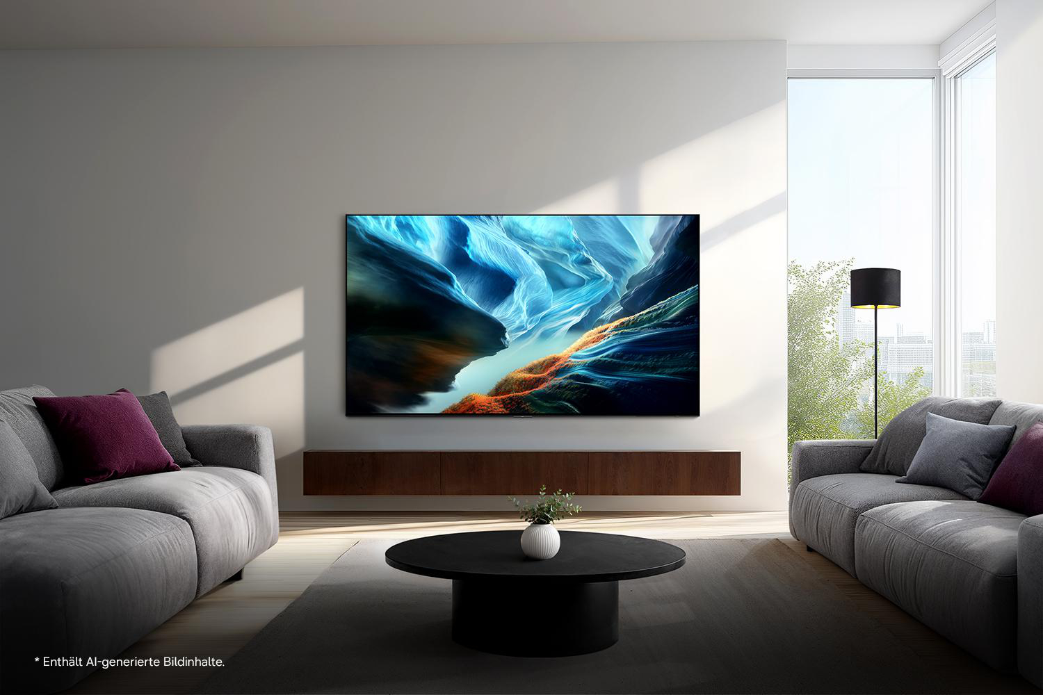 Ein modernes Wohnzimmer mit zwei Sofas, einem Couchtisch und einem großen Fernseher.