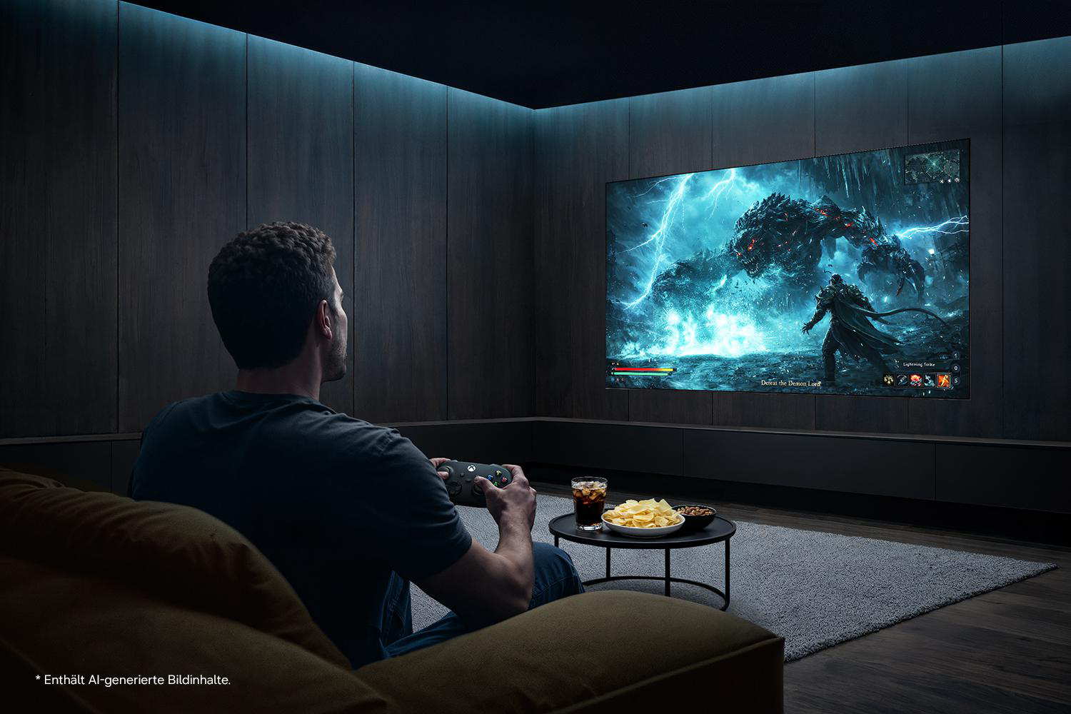 Mann spielt Videospiel auf großem Bildschirm mit Snacks und Getränken.
