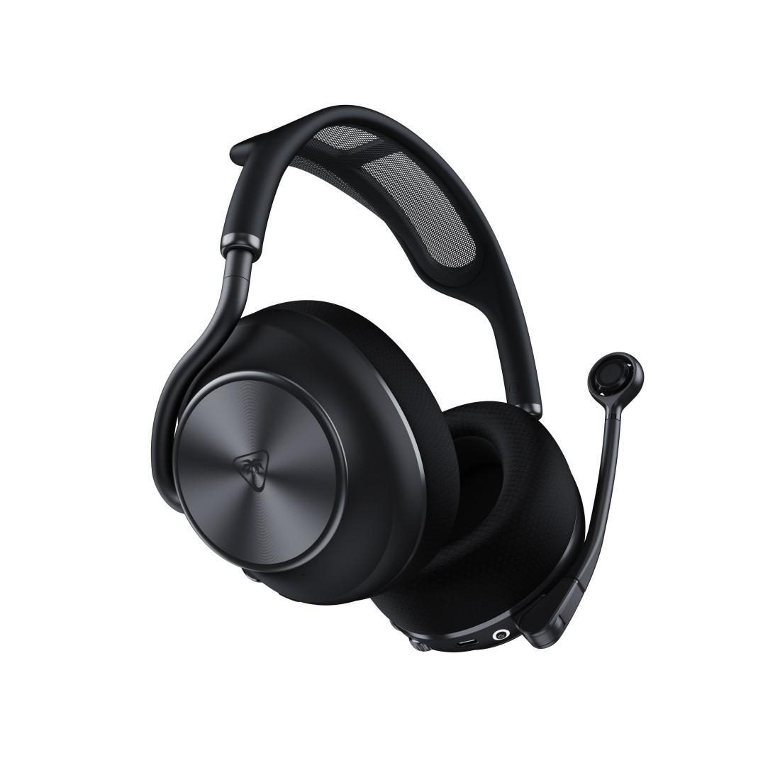 Schwarzer Over-Ear-Kopfhörer mit Mikrofon und Mesh-Kopfband.