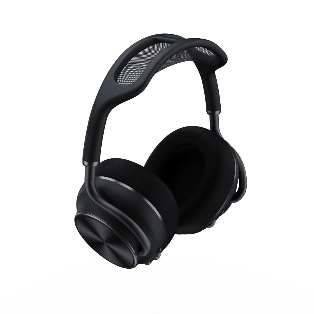 Schwarze Over-Ear-Kopfhörer mit einem Netzbügel und gepolsterten Ohrmuscheln.
