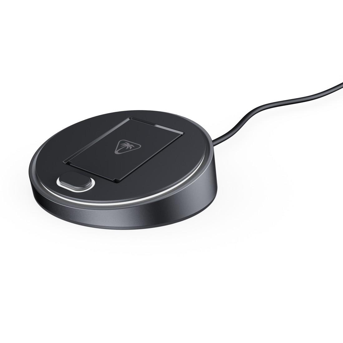 Schwarzer runder Audioadapter mit Logo, Kabelanschluss und weißem Lichtring.