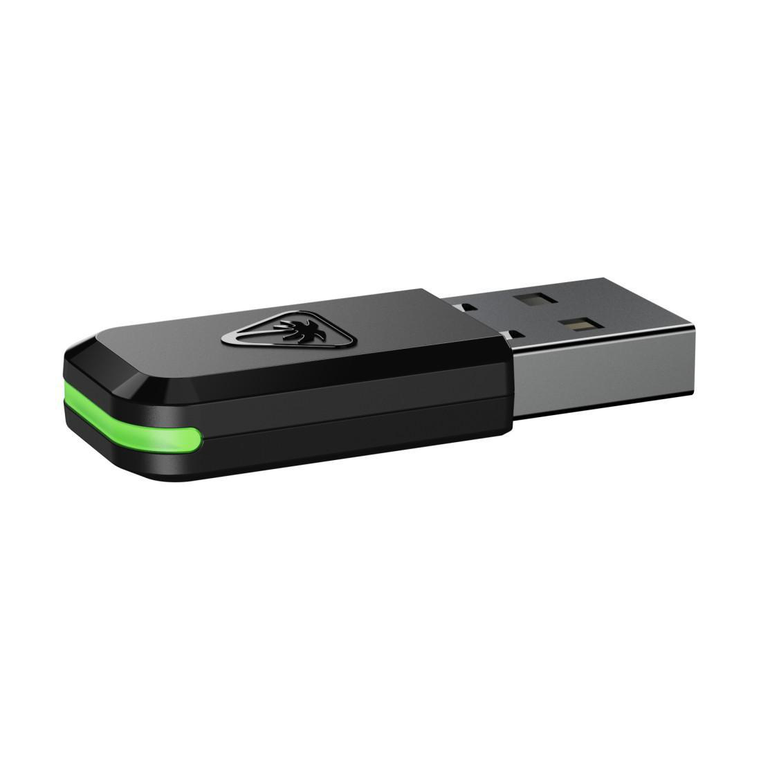 Ein schwarzer USB-Adapter mit grünem Licht und einem Logo.