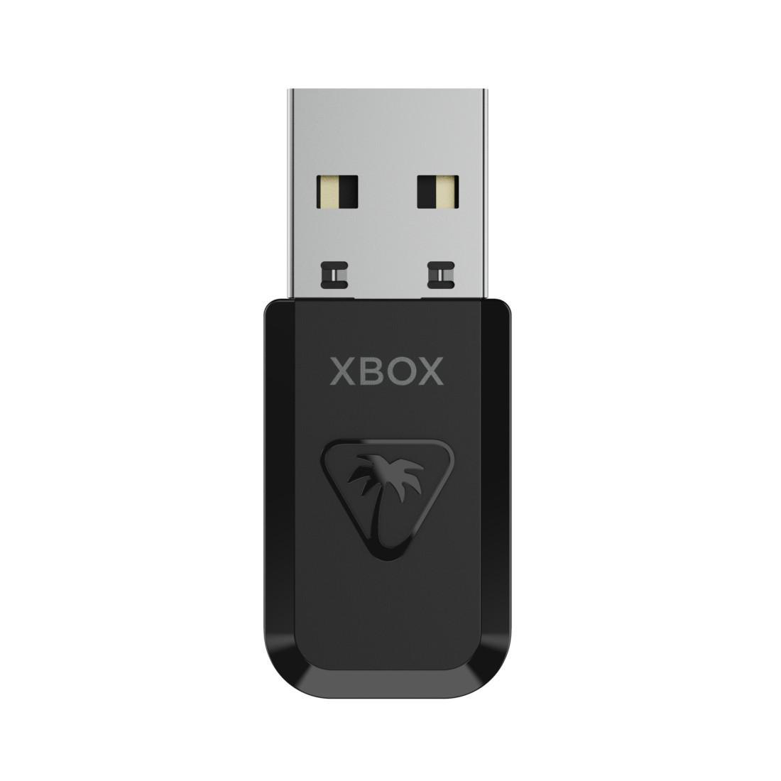 Ein schwarzer Xbox Wireless Adapter mit silbernem USB-Anschluss und Logo.