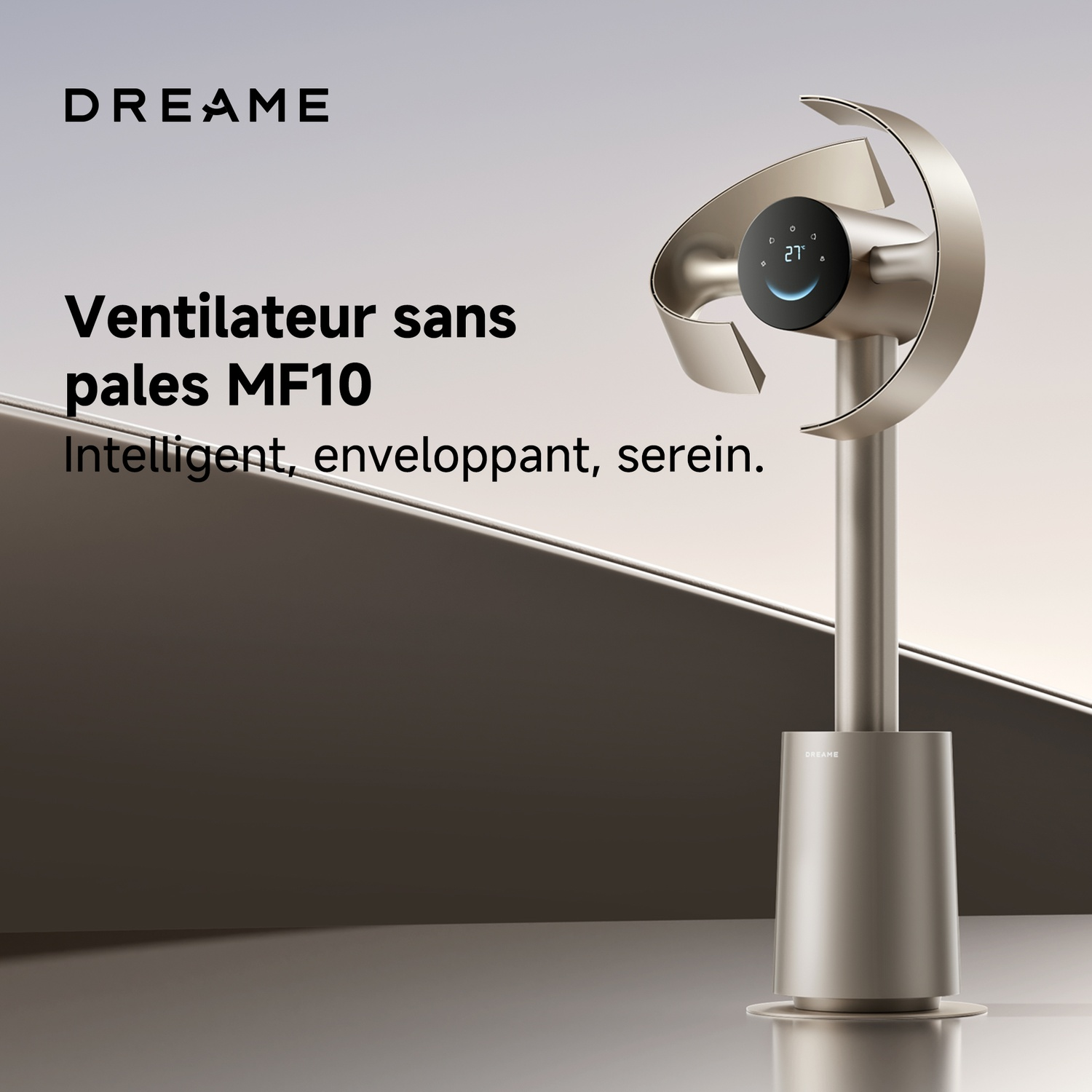 Een moderne bladeless ventilator met strakke metalen afwerking en digitaal display. Tekst: "DREAM"