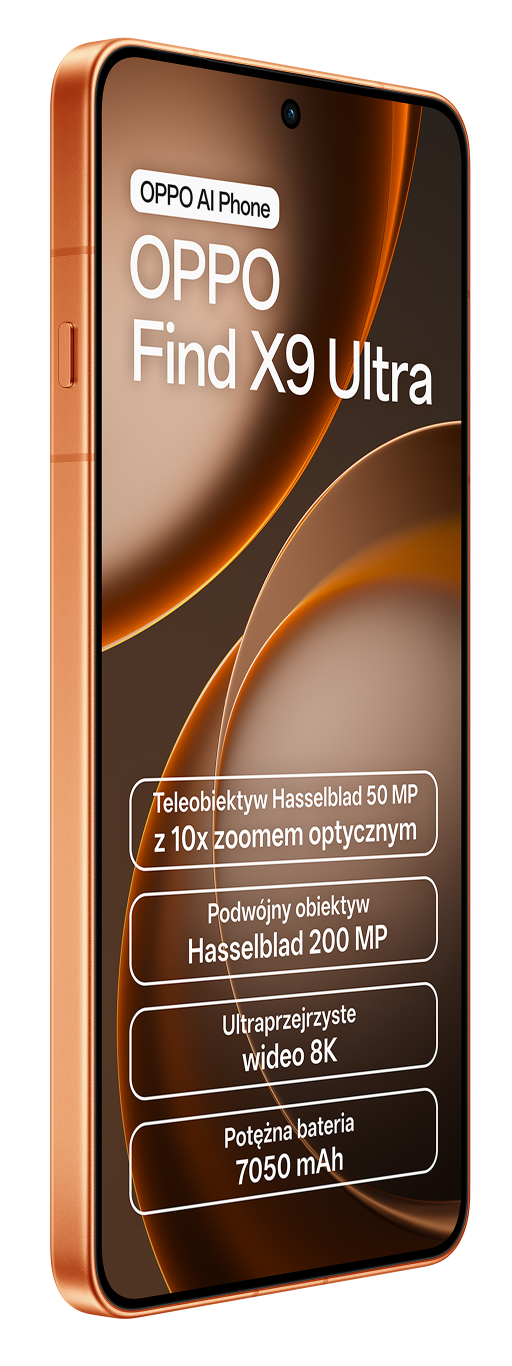 Miedziany telefon OPPO Find X9 Ultra ze specyfikacją aparatu: teleobiektyw 50MP, podwójny obiektyw 200MP, wideo 8K, 7050mAh.