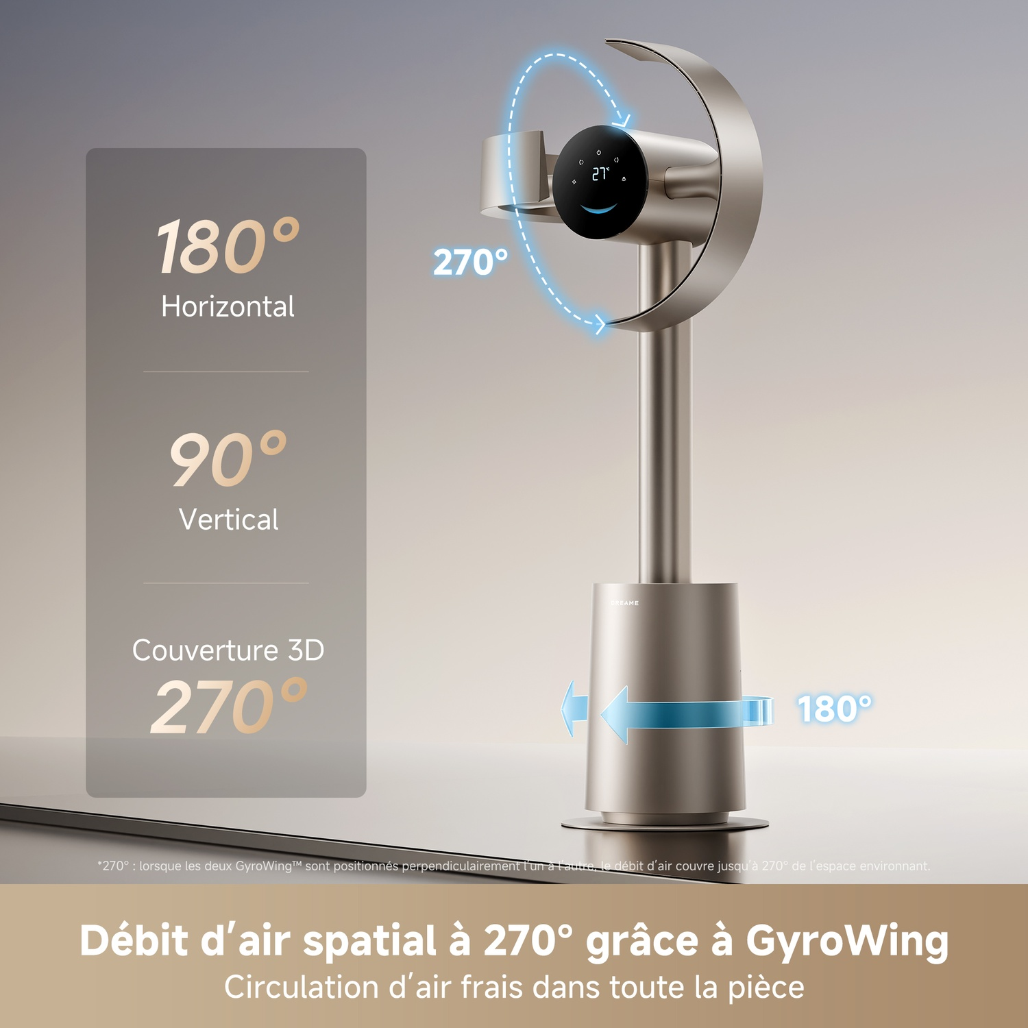 Een moderne zilveren ventilator met display, 180° of 270° horizontaal draaiend.