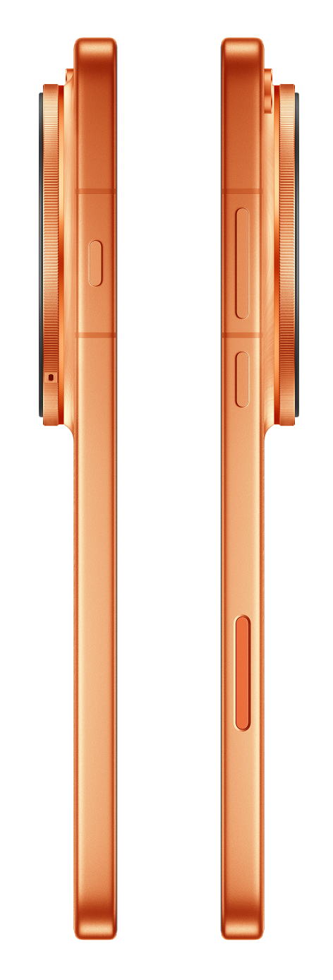 Dwa miedziane smartfony obok siebie, widok z boku z przyciskami.