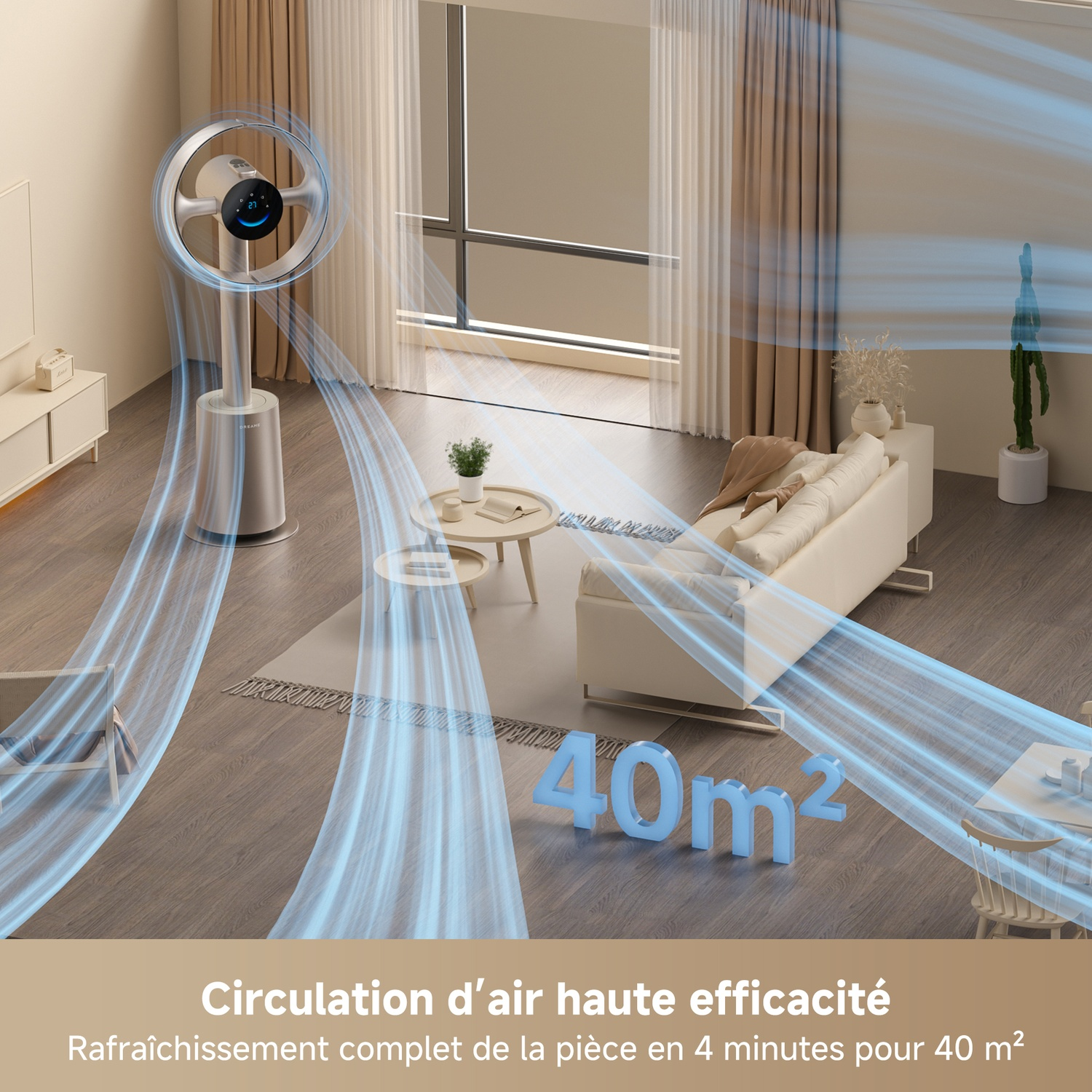 Een moderne ventilator circuleert lucht in een stijlvolle woonkamer met bank.