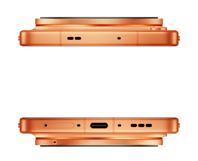Widok z góry i z dołu pomarańczowego telefonu pokazujący porty i kratki głośnikowe.
