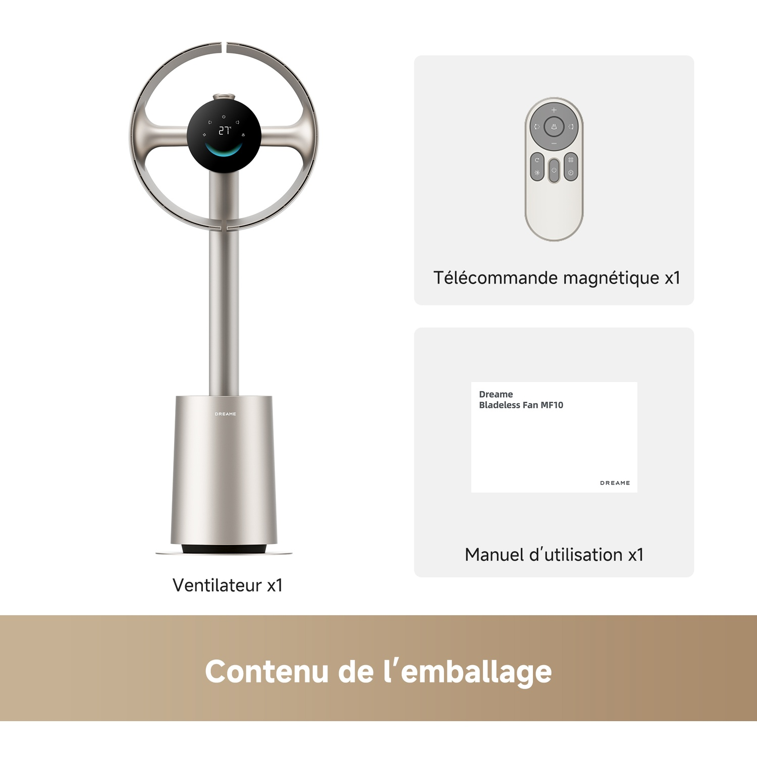Een bladeless ventilator, afstandsbediening en handleiding worden getoond. Ventilator toont 27 graden.