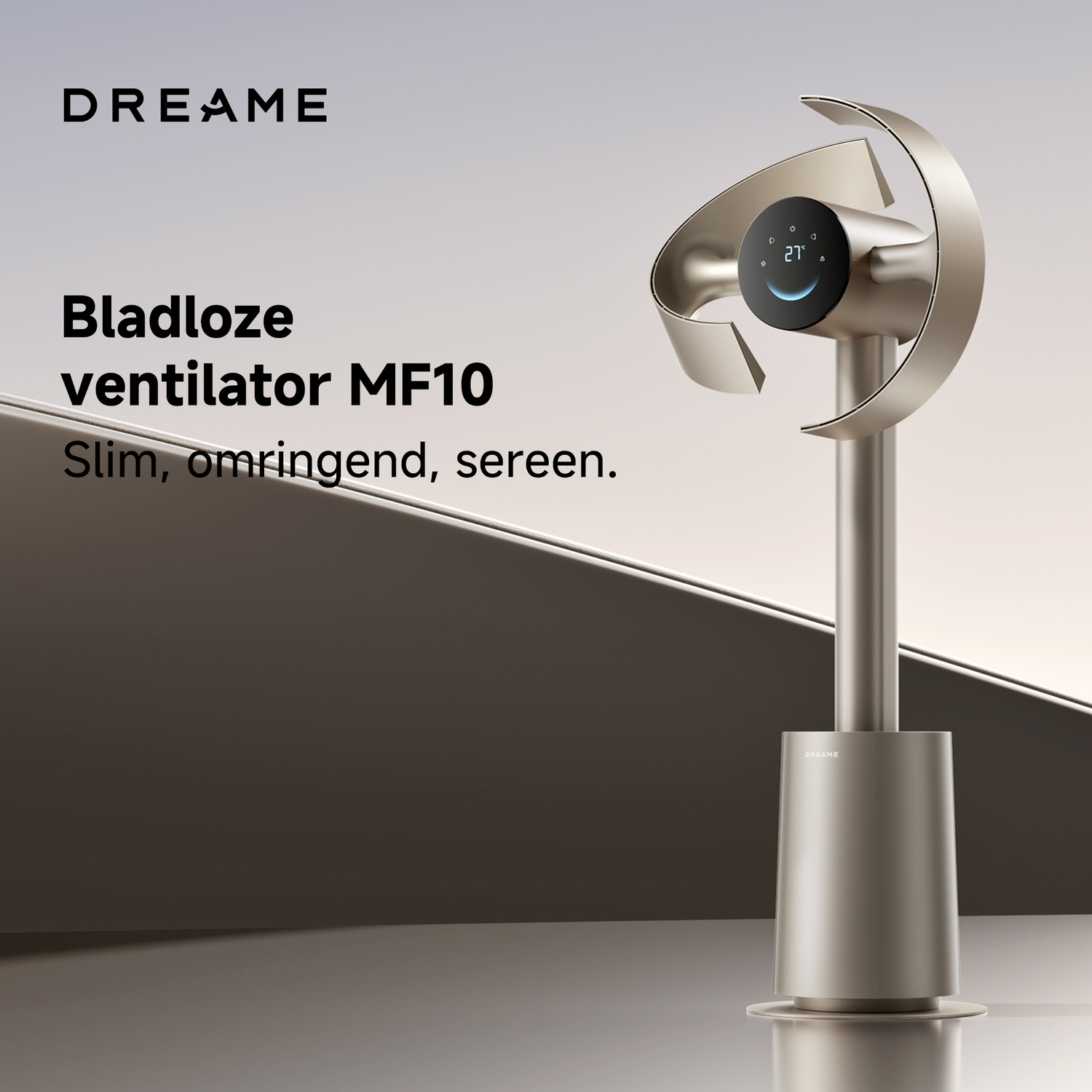 Een slanke, bladloze MF10 ventilator van Dreame met digitaal display.