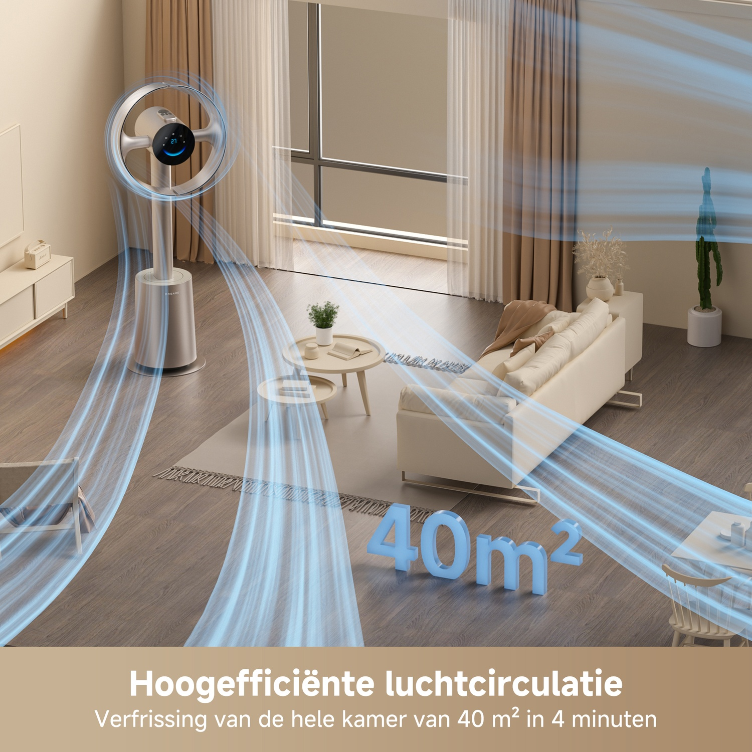 Een moderne ventilator circuleert lucht in een woonkamer met bank en salontafel.