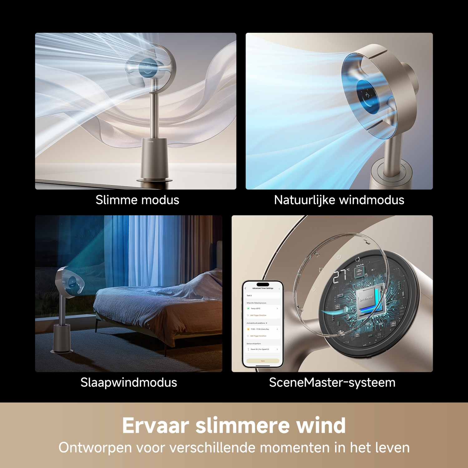 Een moderne ventilator met verschillende modi en een app-bedieningsinterface.