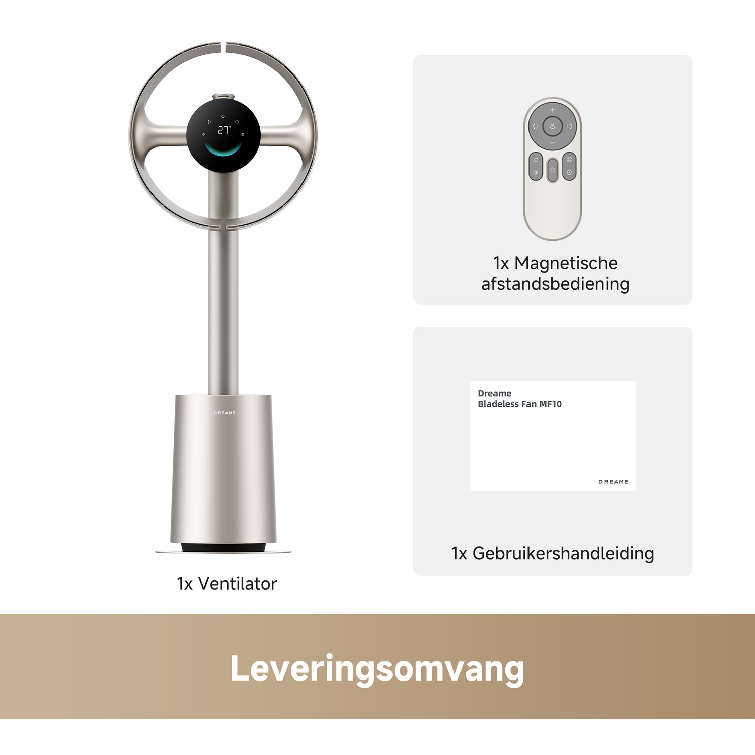 Een zilveren torenventilator met afstandsbediening en handleiding op wit.