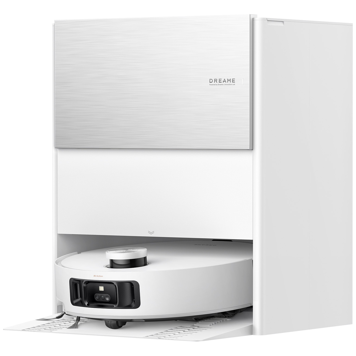 Aspirateur robot blanc dans une station de charge blanche avec dessus métal brossé.