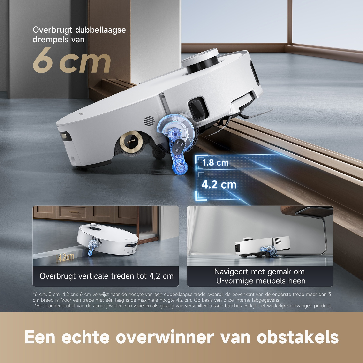 Un robot aspirateur blanc navigue les obstacles, y compris les marches et meubles.