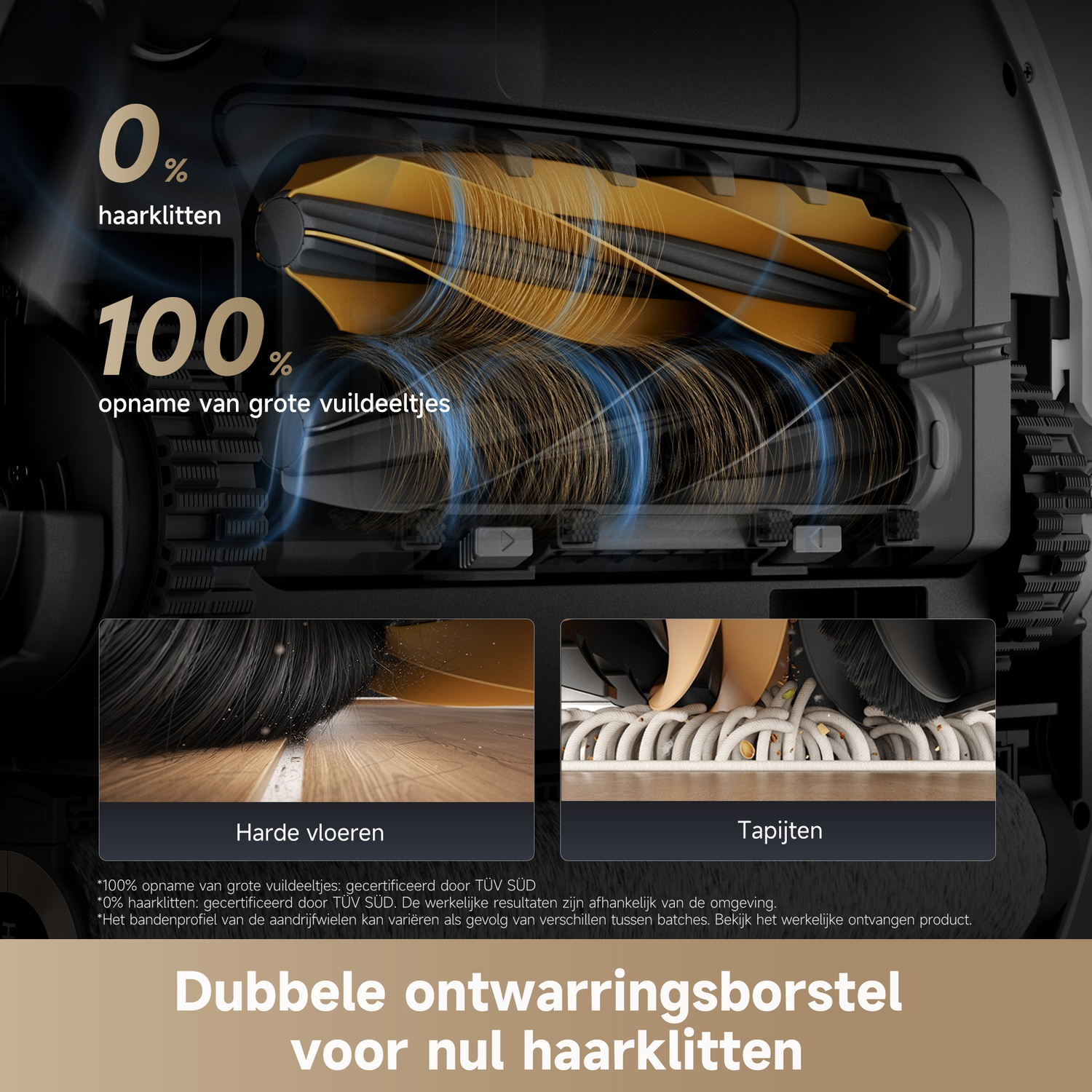 Brosse double anti-emmêlement : 0% de nœuds, 100% d'aspiration des grosses saletés sur sols durs/tapis.