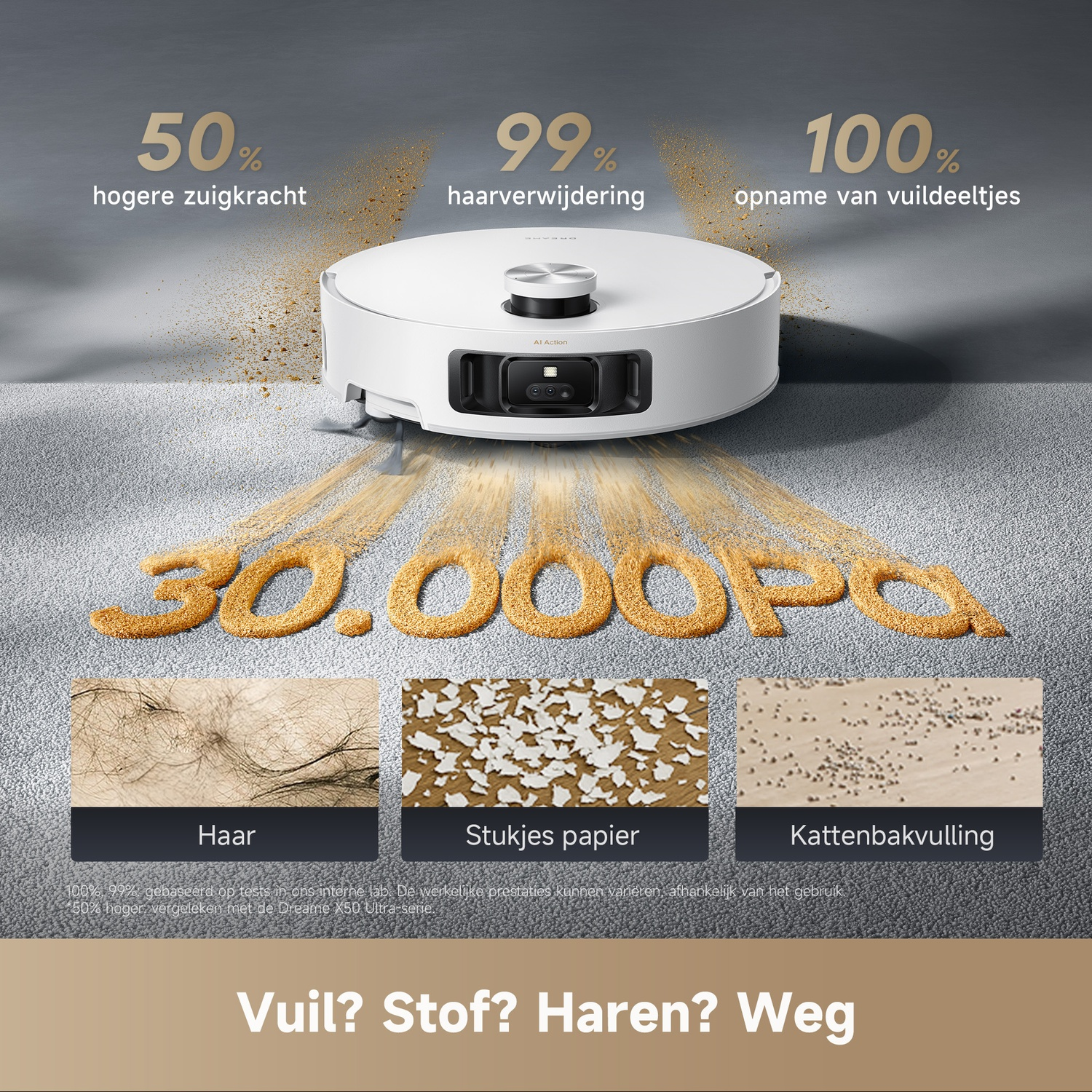Aspirateur robot blanc nettoyant. 50% d'aspiration en plus, 99% d'élimination poils/débris.