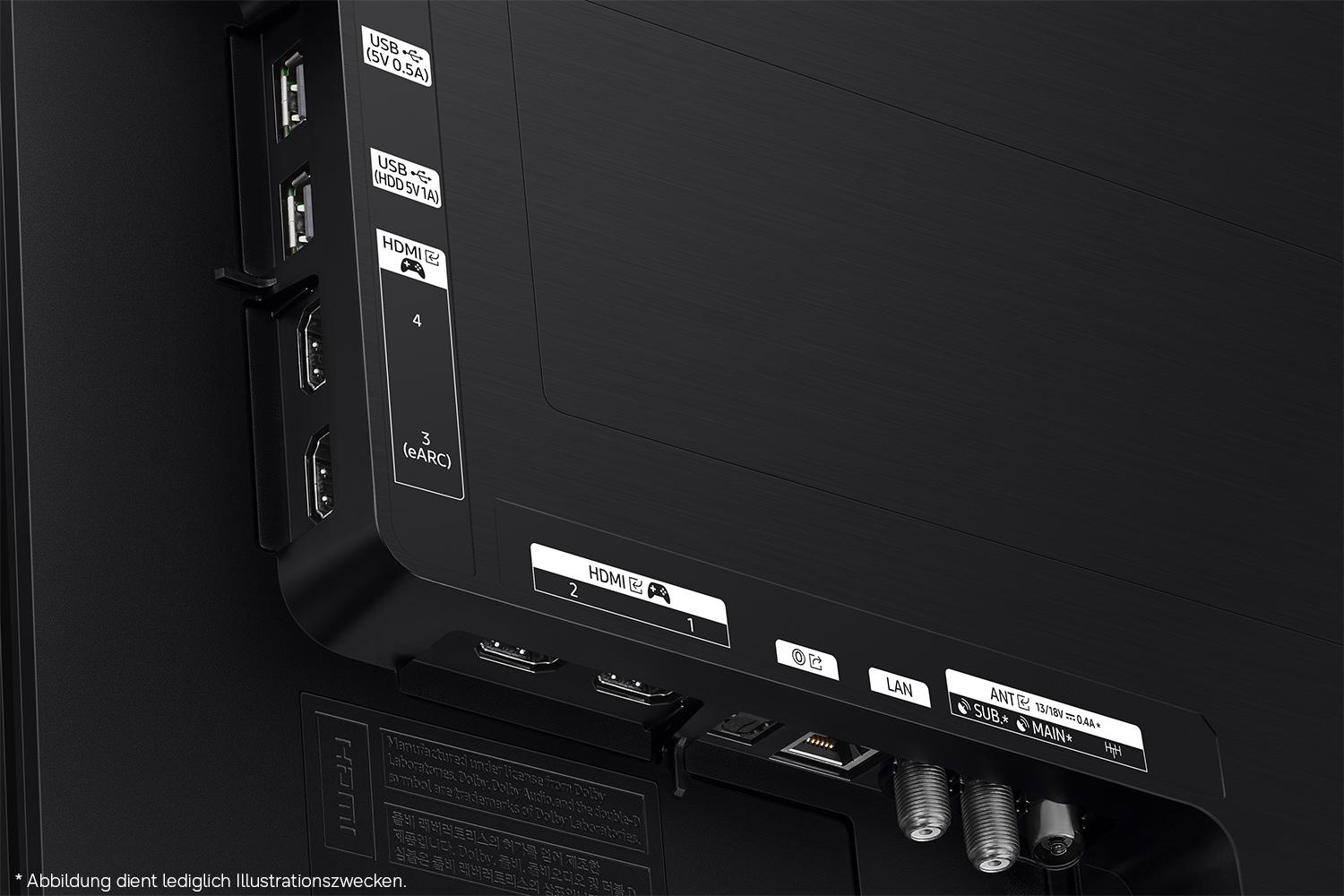 Rückwandanschlüsse: 2 USB, 4 HDMI (1 eARC), LAN, ANT SUB/MAIN.