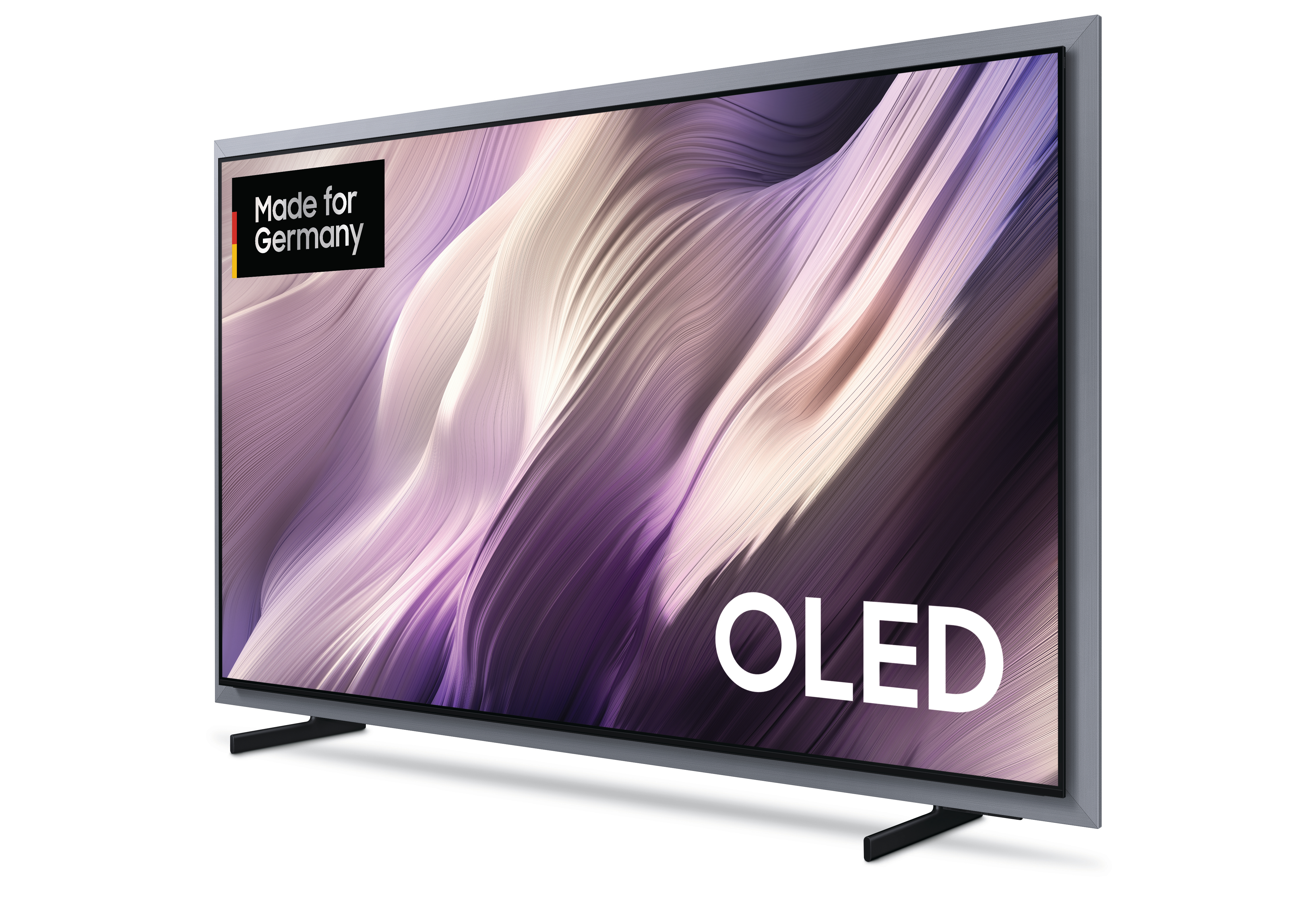Grauer OLED-Fernseher mit abstraktem Hintergrund und "Made for Germany"-Logo.