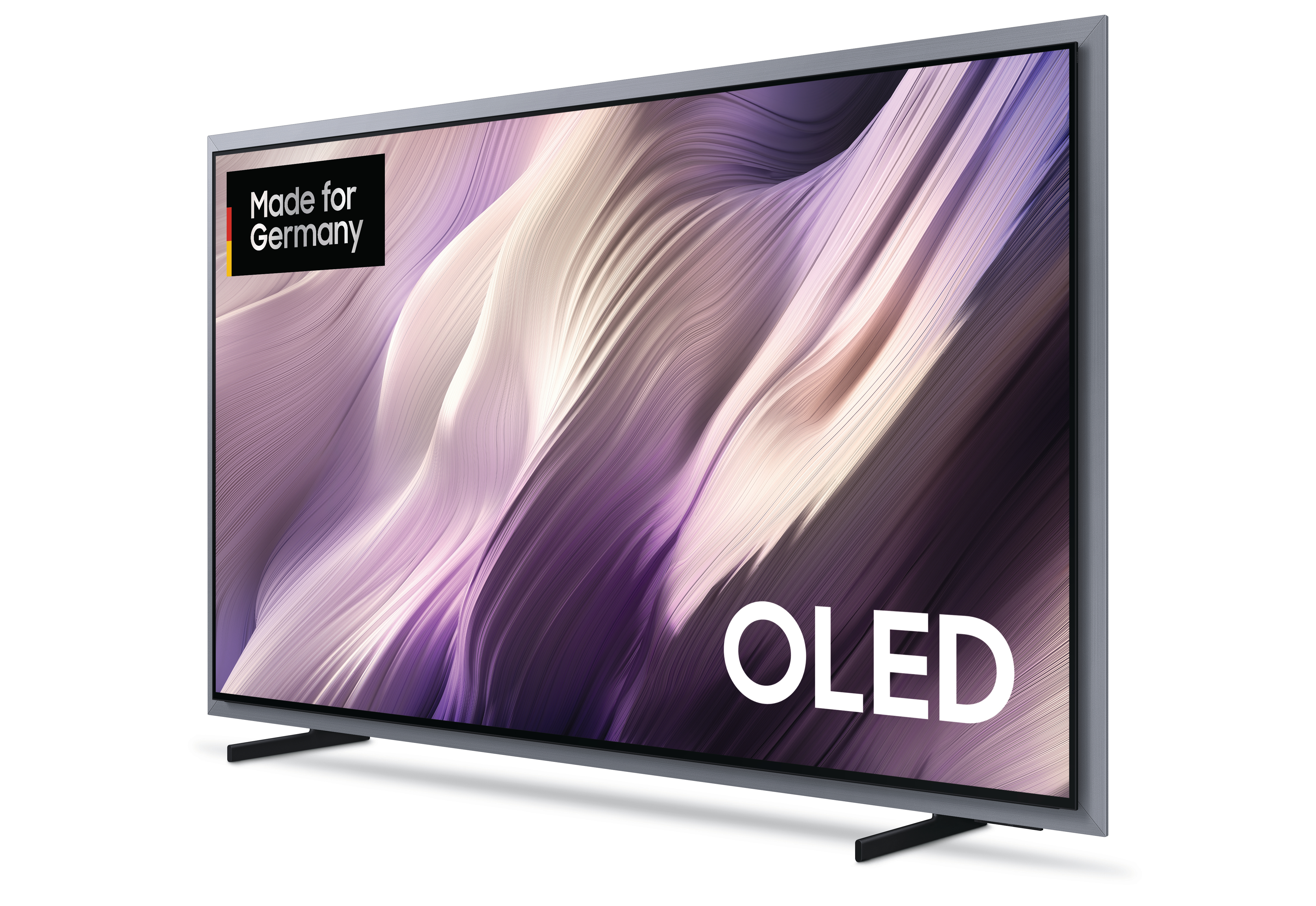 Ein grauer OLED-Fernseher mit abstrakter lila und weißer Grafik und "Made for Germany"-Logo.