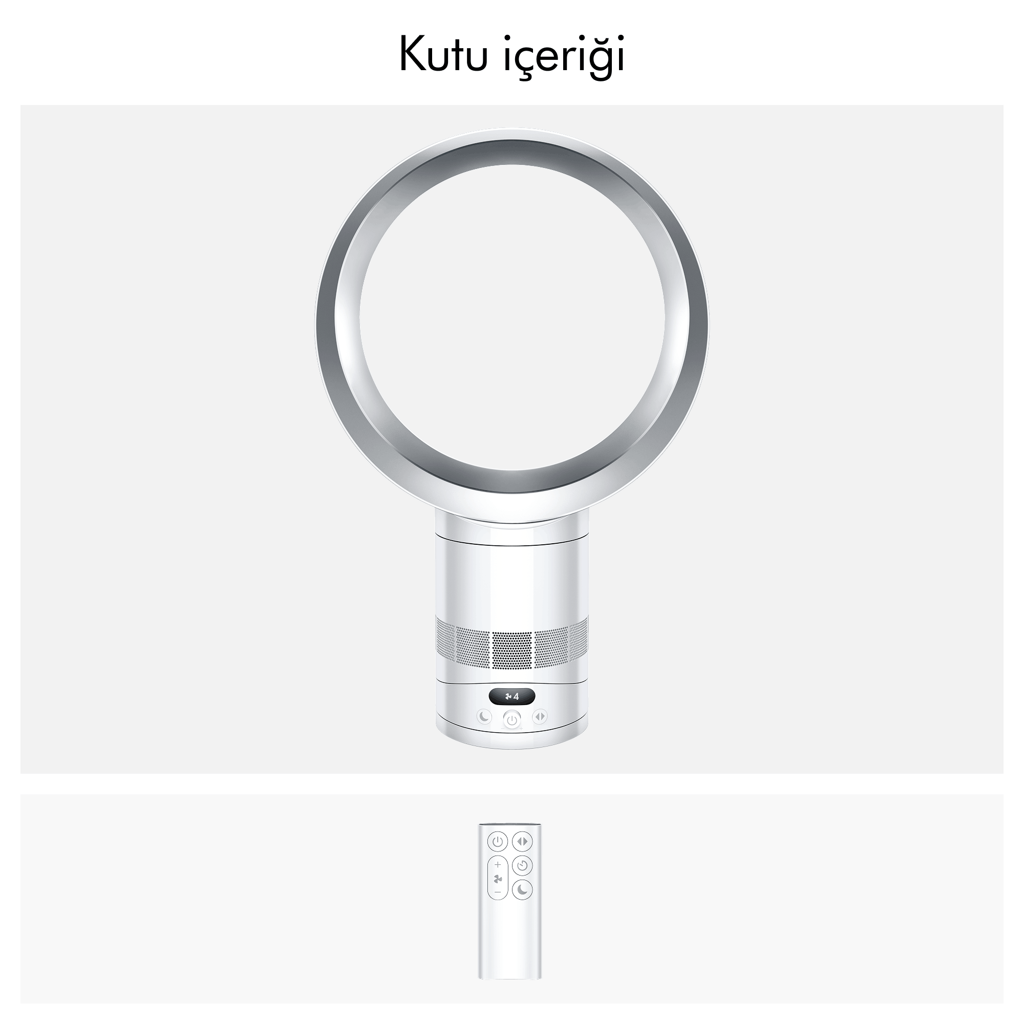 Gri arka planda uzaktan kumandalı beyaz, kanatsız vantilatör.