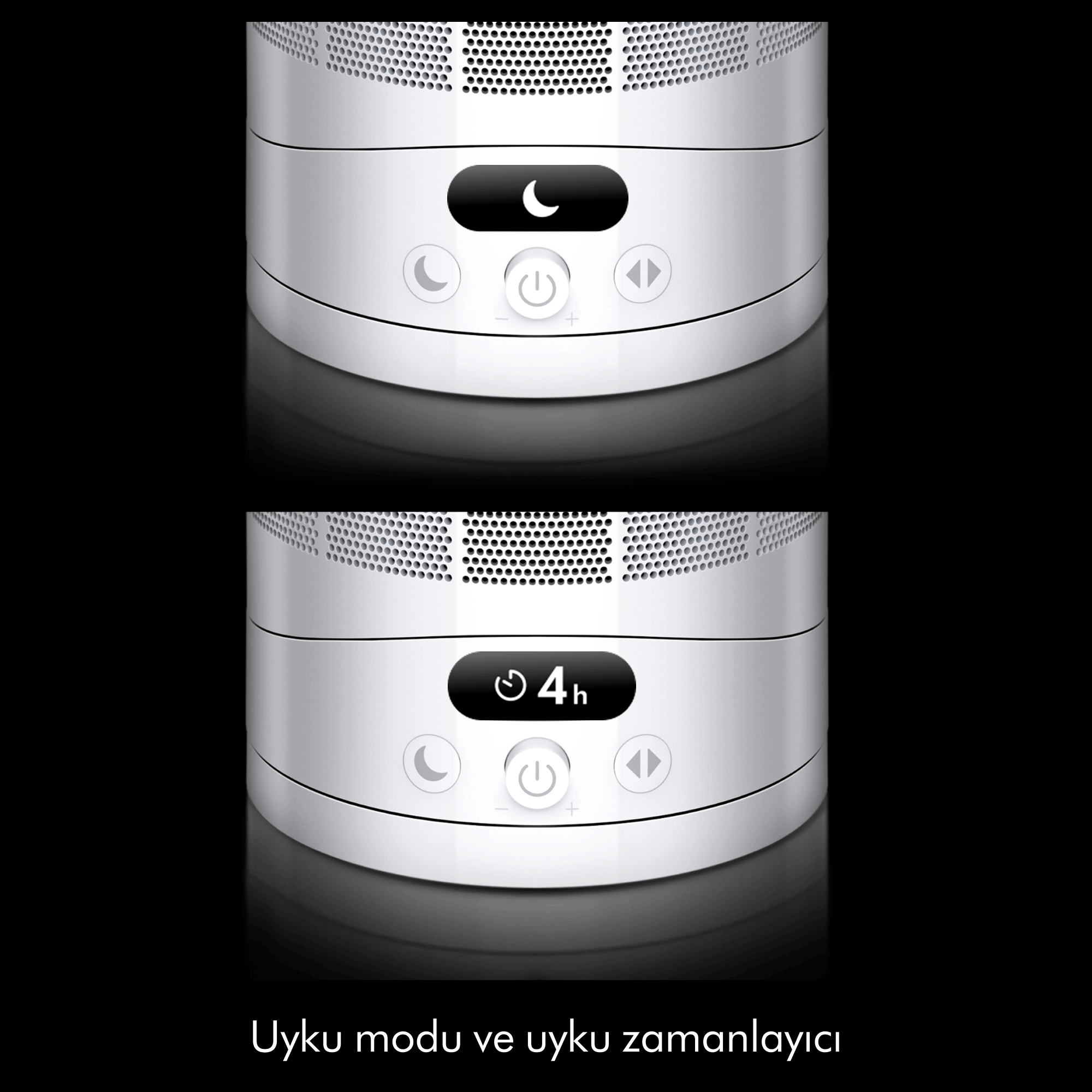 Uyku modu ve zamanlayıcı kontrollerini gösteren beyaz bir cihaz.
