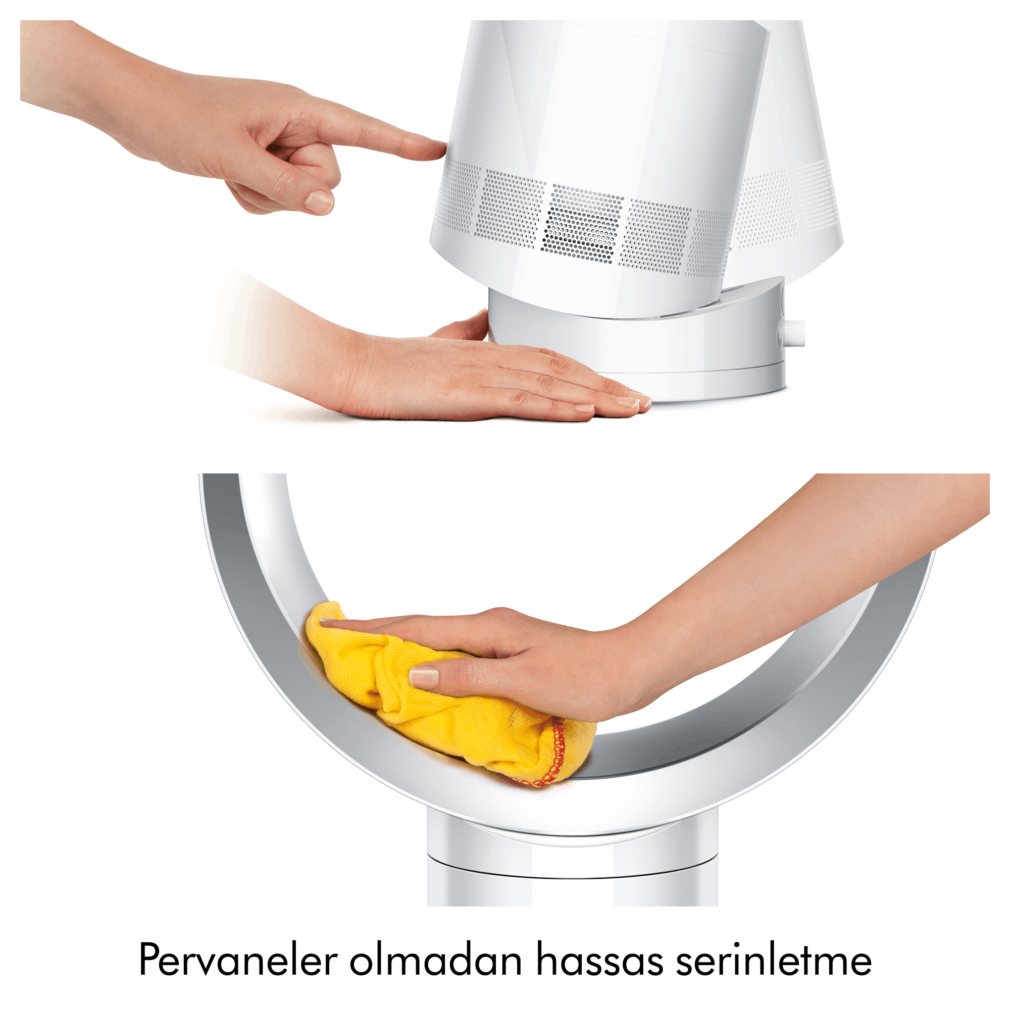 Eller sarı bezle beyaz bir vantilatöre dokunuyor ve temizliyor.