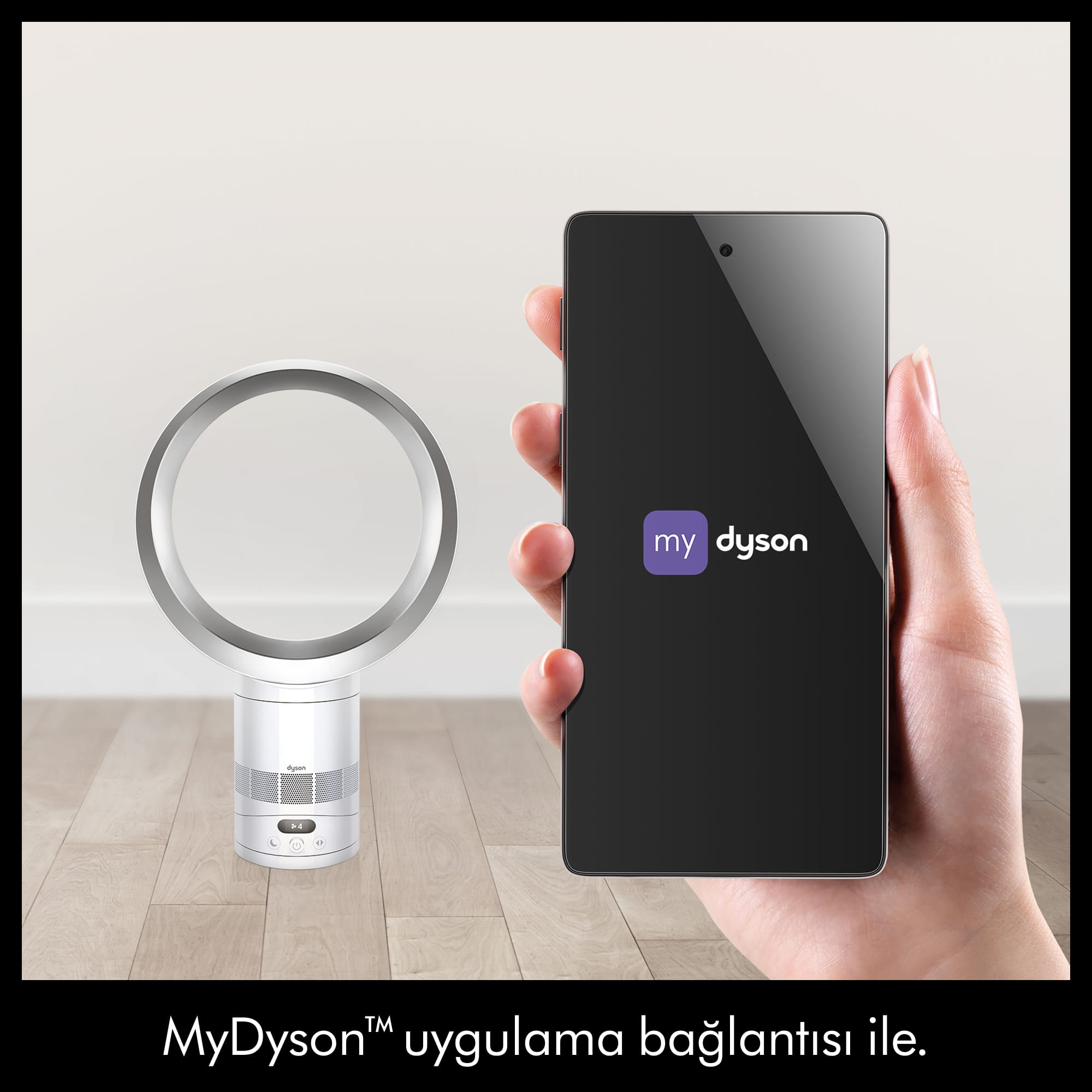 Dyson fan ve MyDyson uygulamasını gösteren bir akıllı telefon.