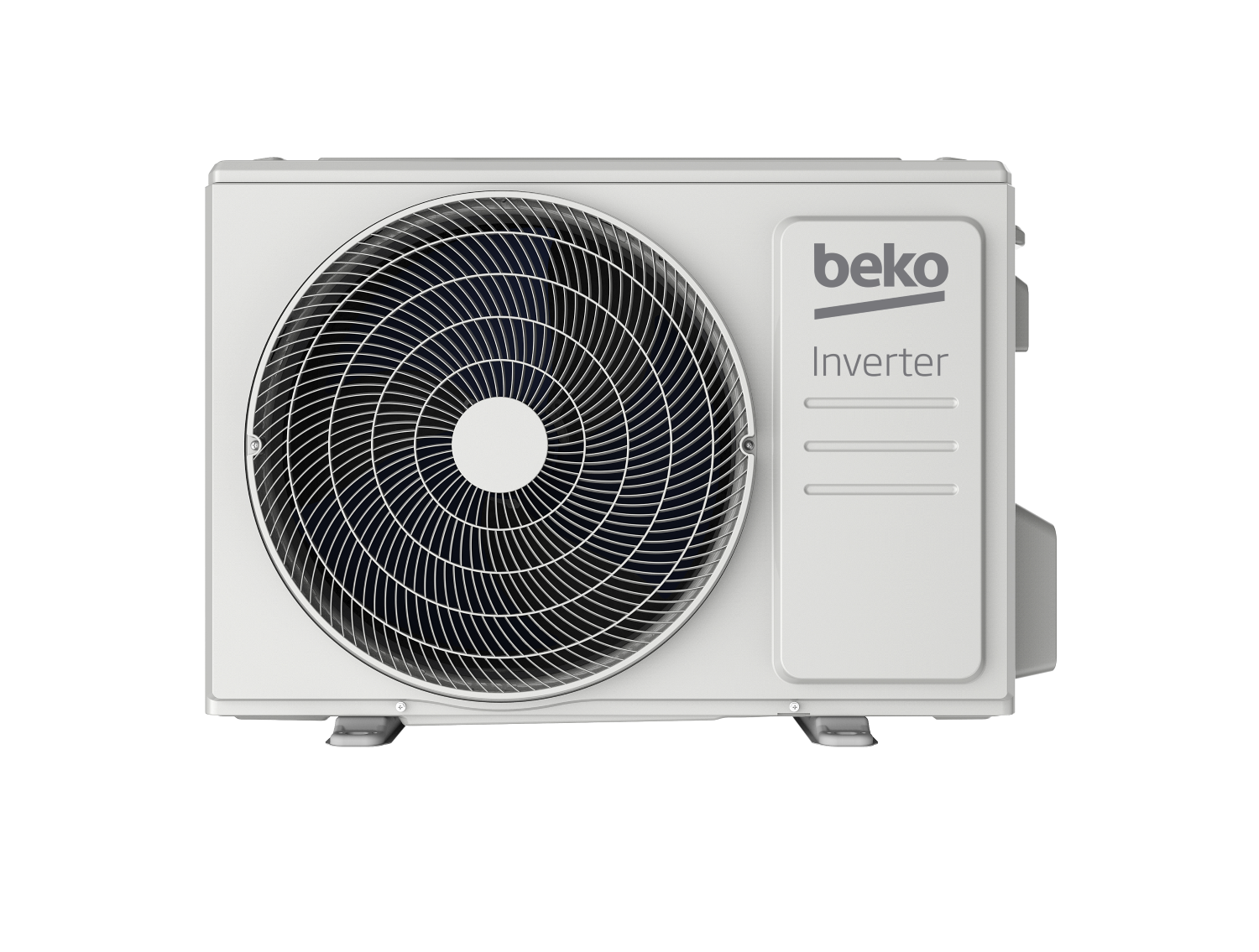 Una unidad de aire acondicionado Beko blanca con rejilla de ventilador y texto 'Inverter'.