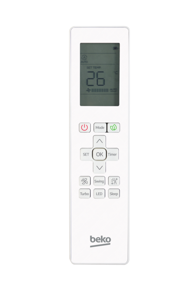 Un mando a distancia blanco de aire acondicionado Beko con pantalla LCD que muestra 26 grados.