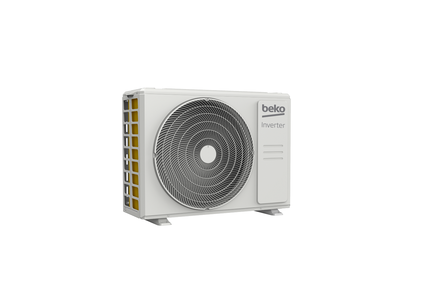 Unidad exterior blanca de aire acondicionado Beko con rejilla y lamas amarillas.