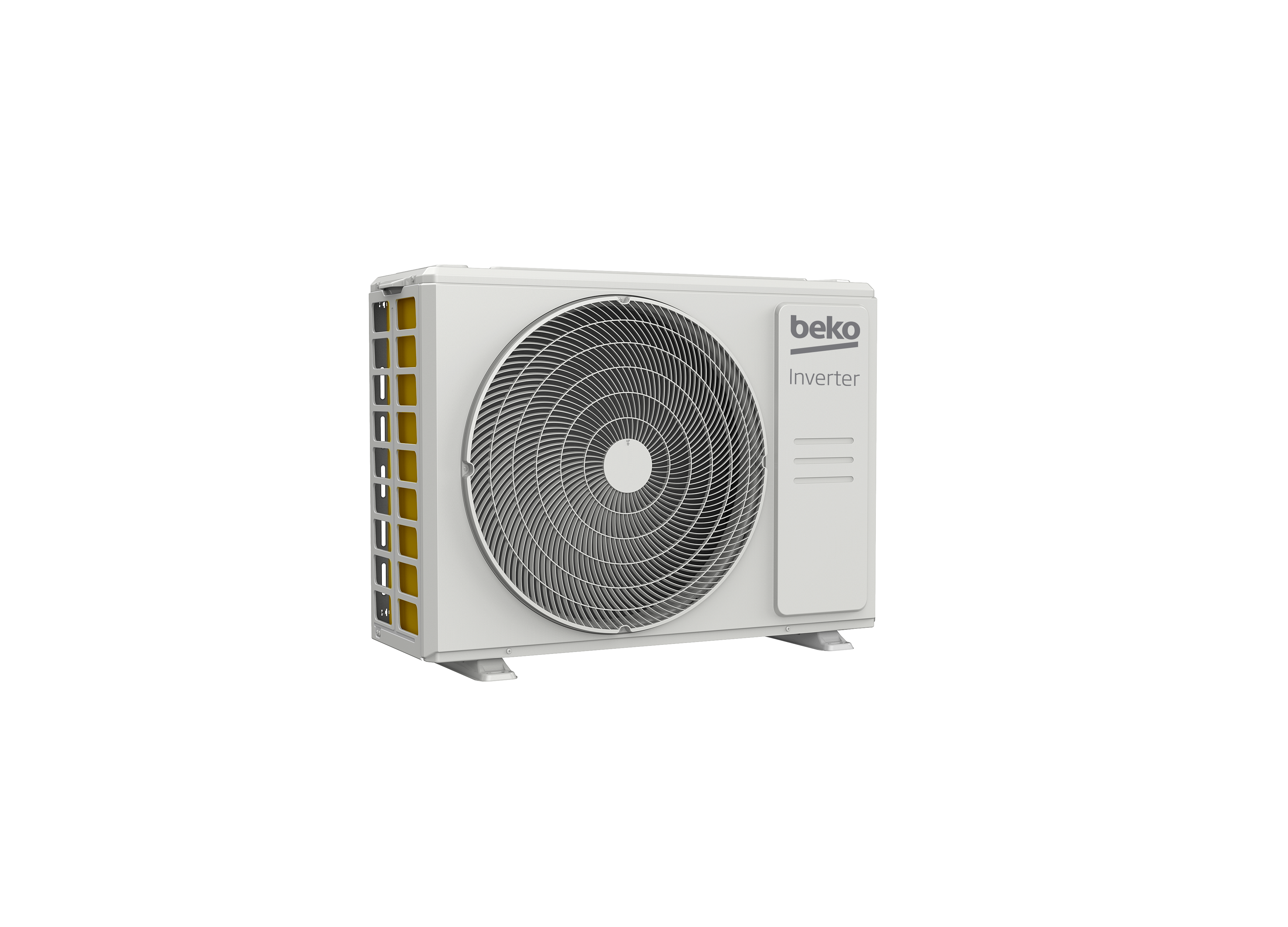 Una unidad exterior blanca de aire acondicionado con rejilla y logo Beko.