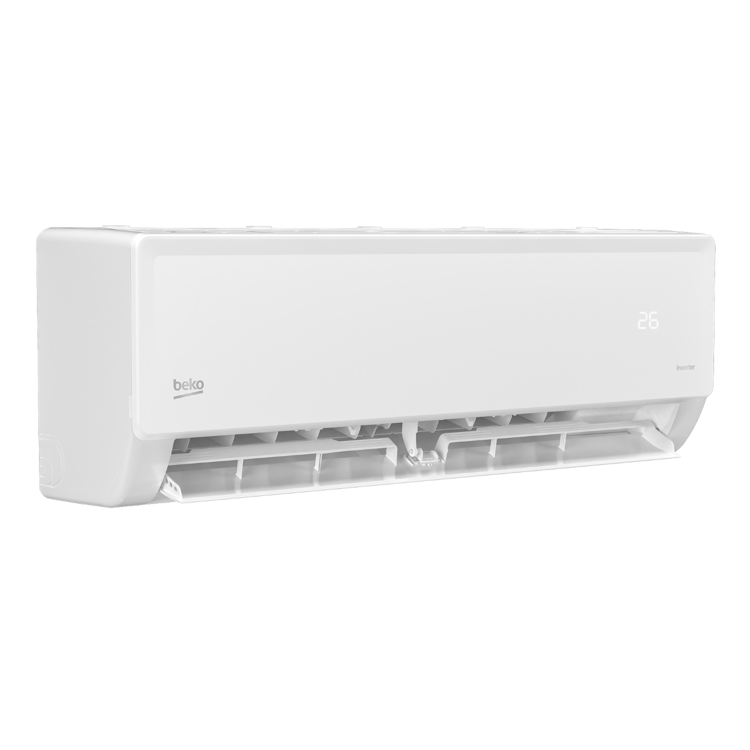 Un aire acondicionado Beko blanco con pantalla digital de 26 grados.