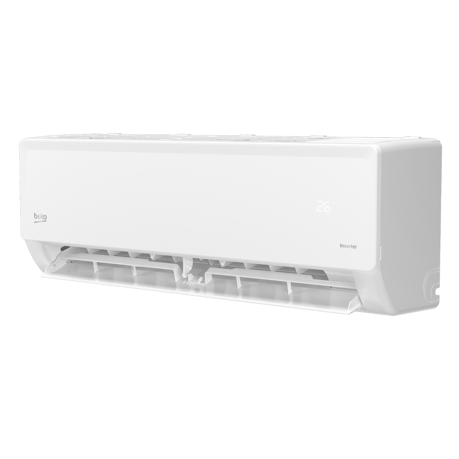 Una unidad de aire acondicionado blanca con rejilla de lamas abierta y pantalla digital.