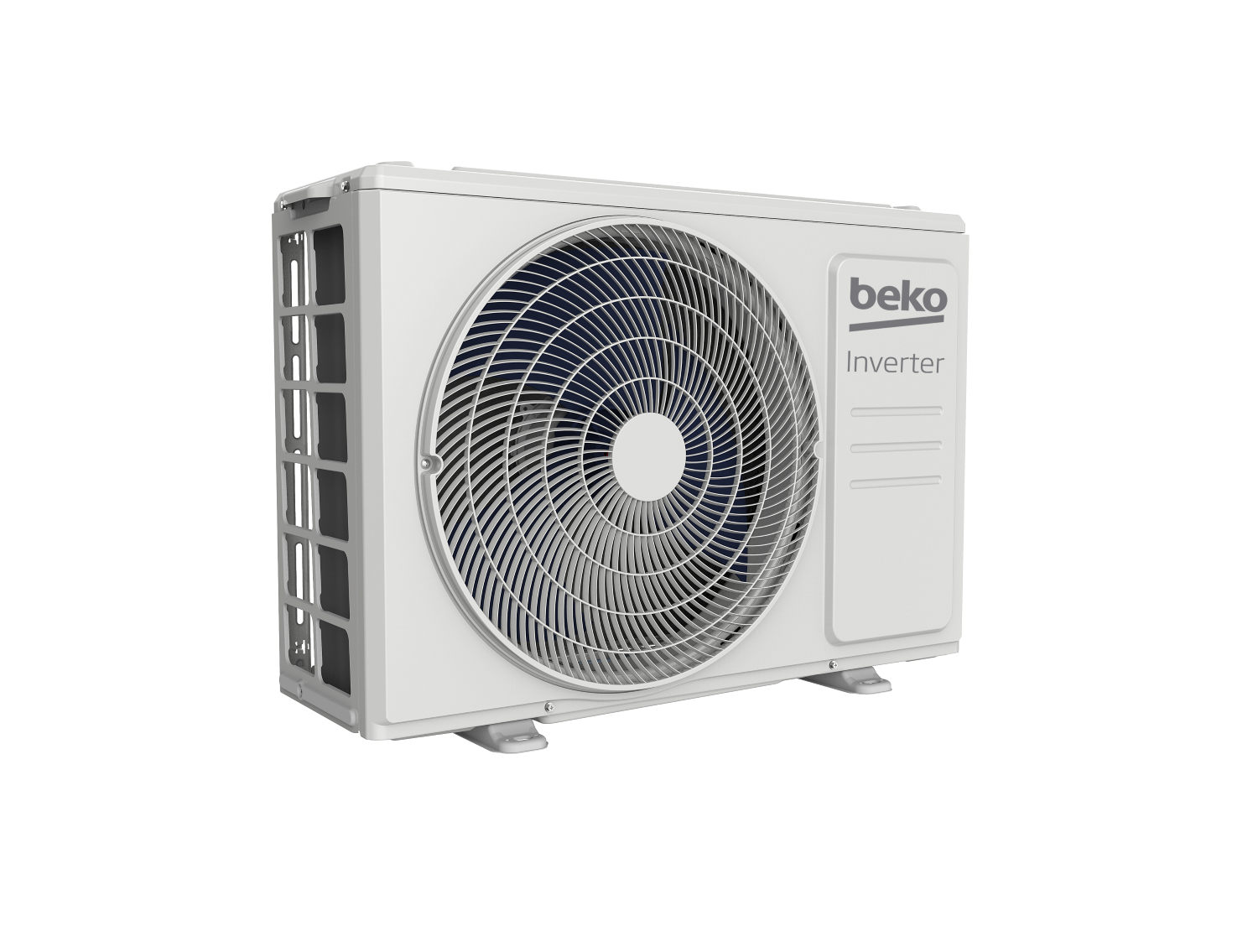 Una unidad exterior de aire acondicionado Beko blanca con ventilador y etiqueta 'Inverter'.