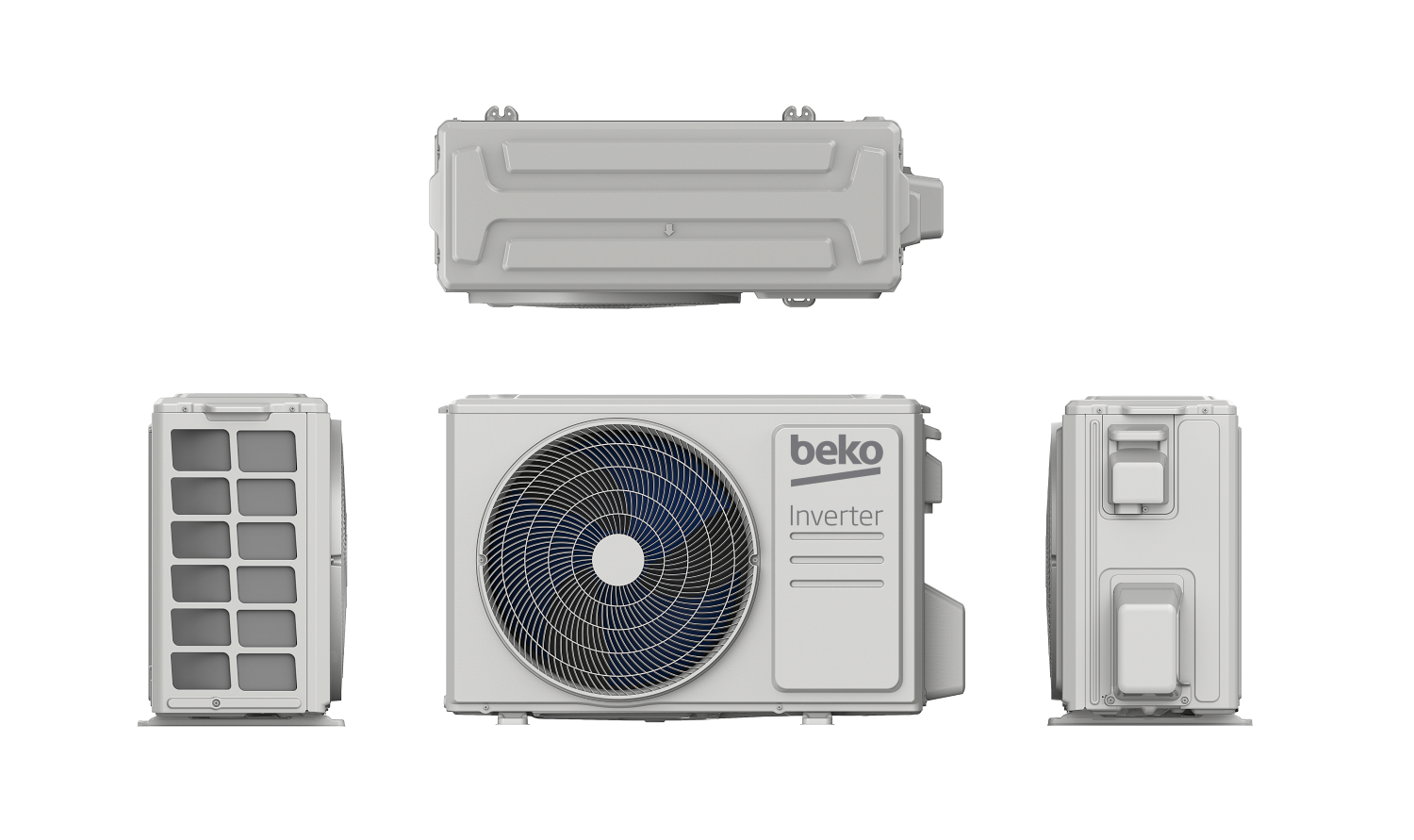 Un aire acondicionado Beko blanco con tecnología inverter, mostrado de frente, lado y arriba.
