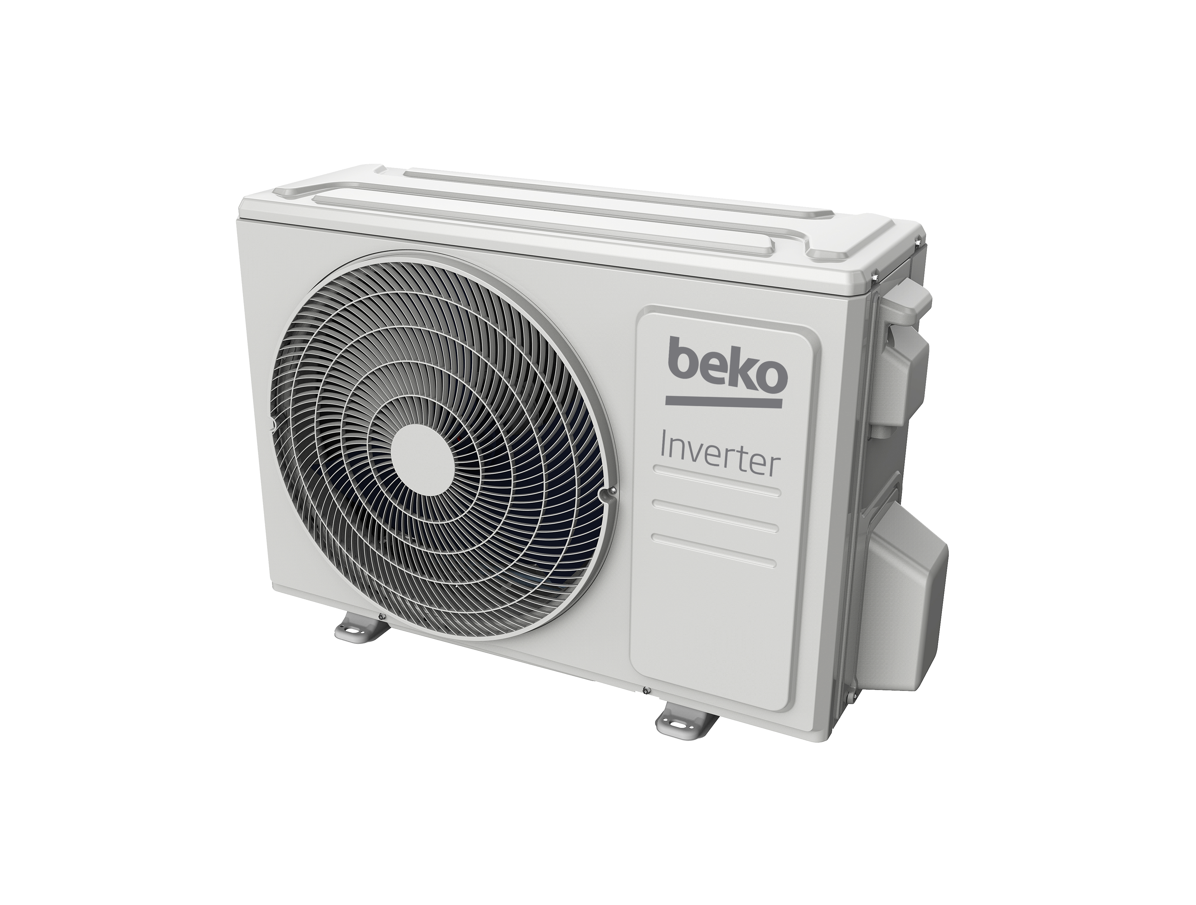 Unidad exterior de aire acondicionado Beko blanca con rejilla ventilador y logo.