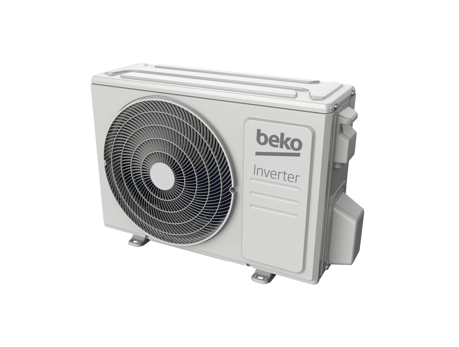 Una unidad exterior blanca de aire acondicionado Beko con rejilla de ventilador plateada.