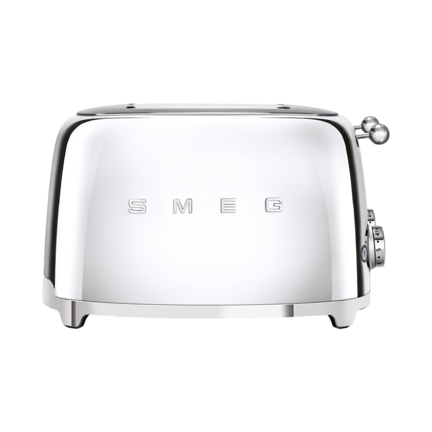 Un tostapane argentato lucido con marchio SMEG.