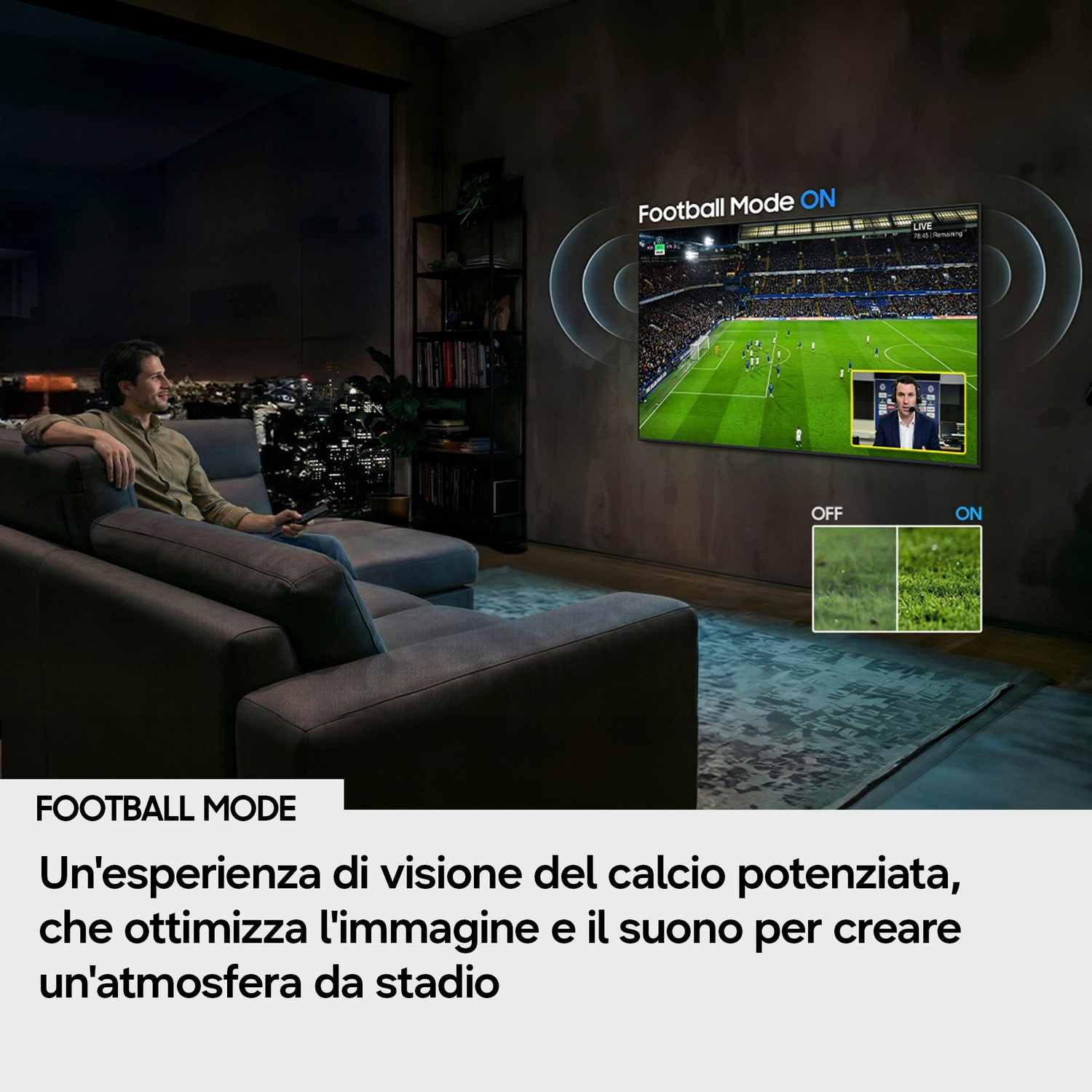 Uomo guarda calcio in TV con "Modalità Calcio ON". Scena stadio e commentatore.