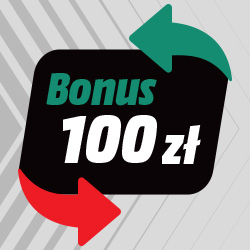 Czarny znak z zielonym 'Bonus' i białym '100 zł'. Czerwone i zielone strzałki.