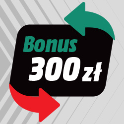 Czarna naklejka z zielonym napisem "Bonus 300 zł" i czerwonymi/zielonymi strzałkami.
