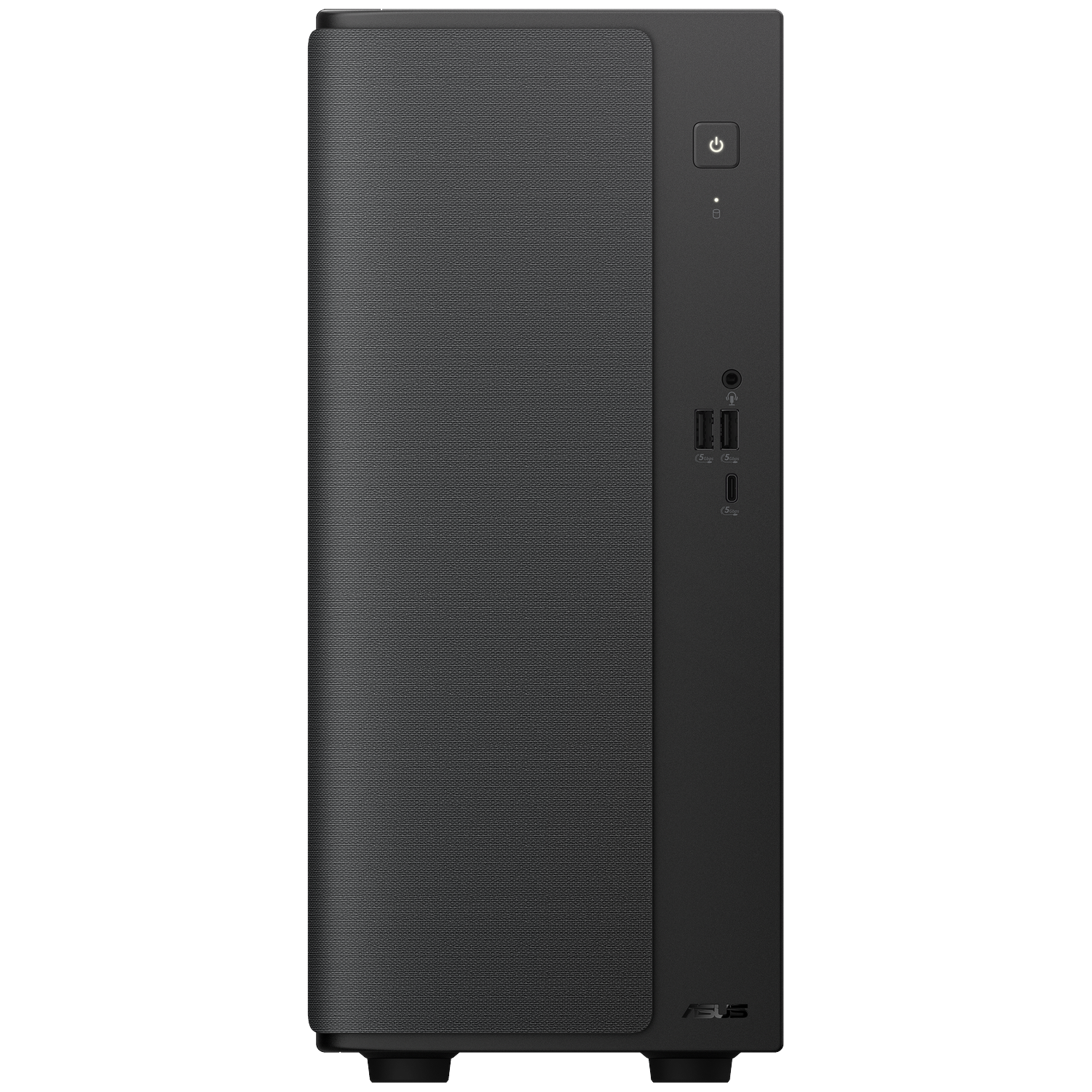 A black computer tower with USB ports, power button, and ASUS logo.