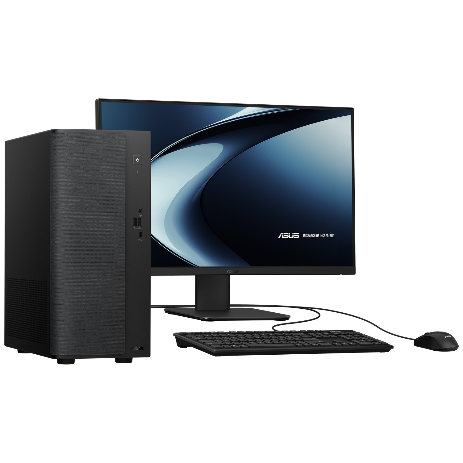 A black desktop computer tower, monitor, keyboard, and mouse on a white background.