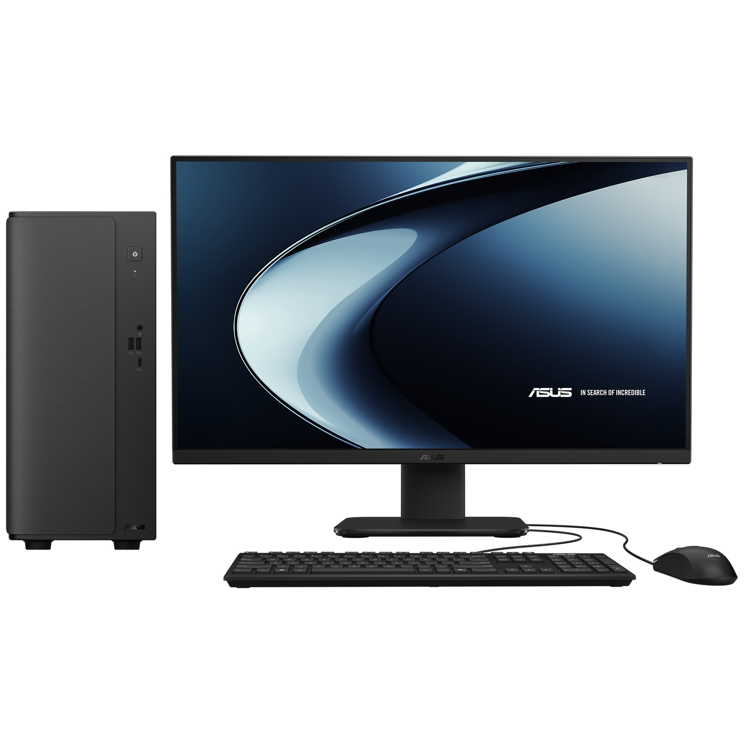 A black desktop PC, monitor, keyboard, and mouse are arranged side-by-side.