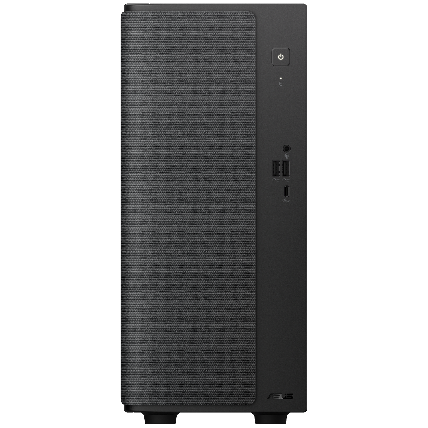 Black computer tower with textured front panel and ports.